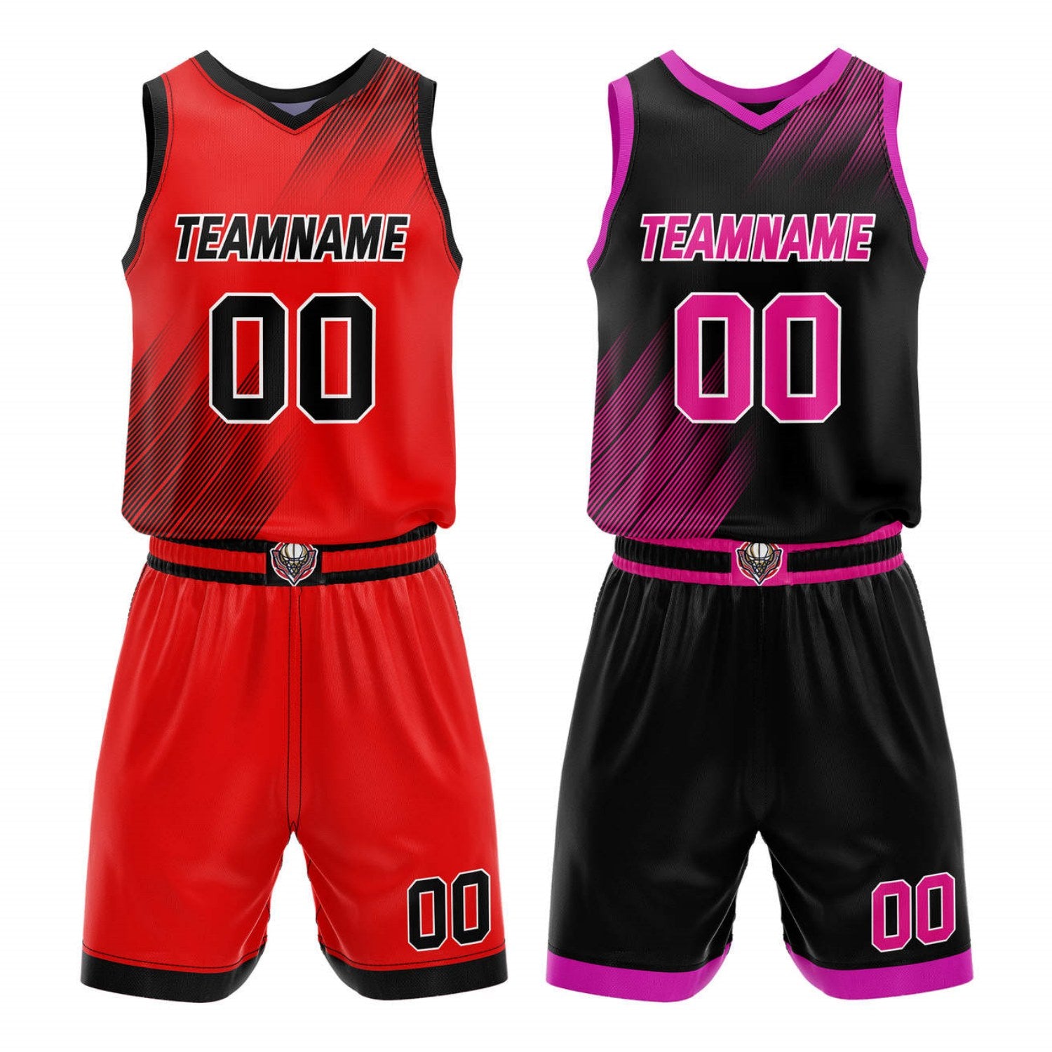 Custom Reversible Basketball Jersey + Shorts Set (Red-Black-Purple Line Pattern) - Personalized Team Name, Number & LOGO | Vosoli