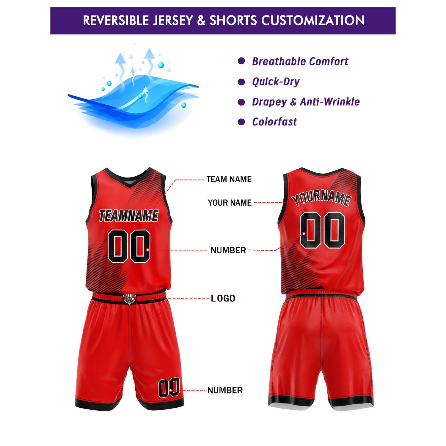 Custom Reversible Basketball Jersey + Shorts Set (Red-Black-Purple Line Pattern) - Personalized Team Name, Number & LOGO | Vosoli