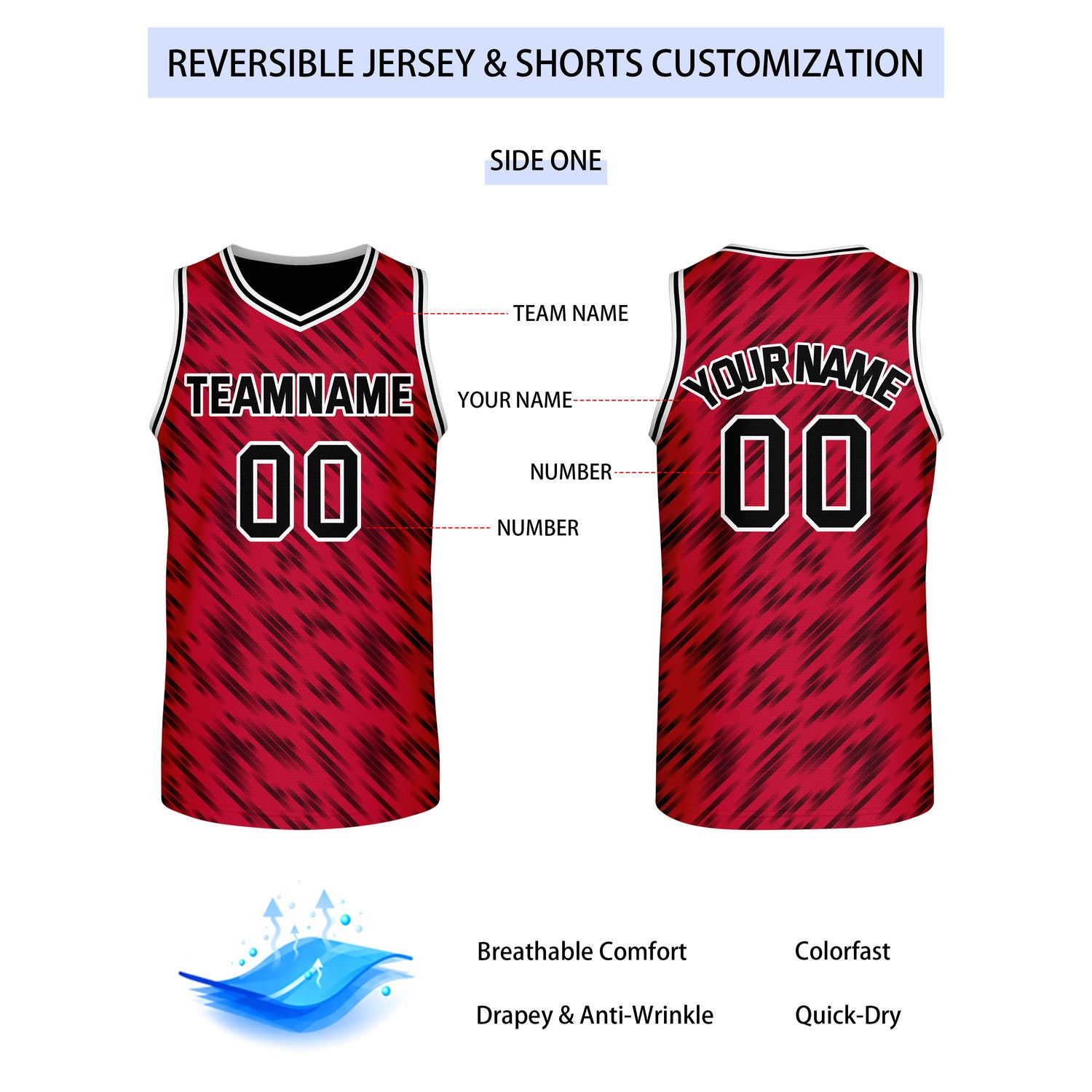 Custom Reversible Red Black Stripe Basketball Jersey | Team & Player Name - Vosoli