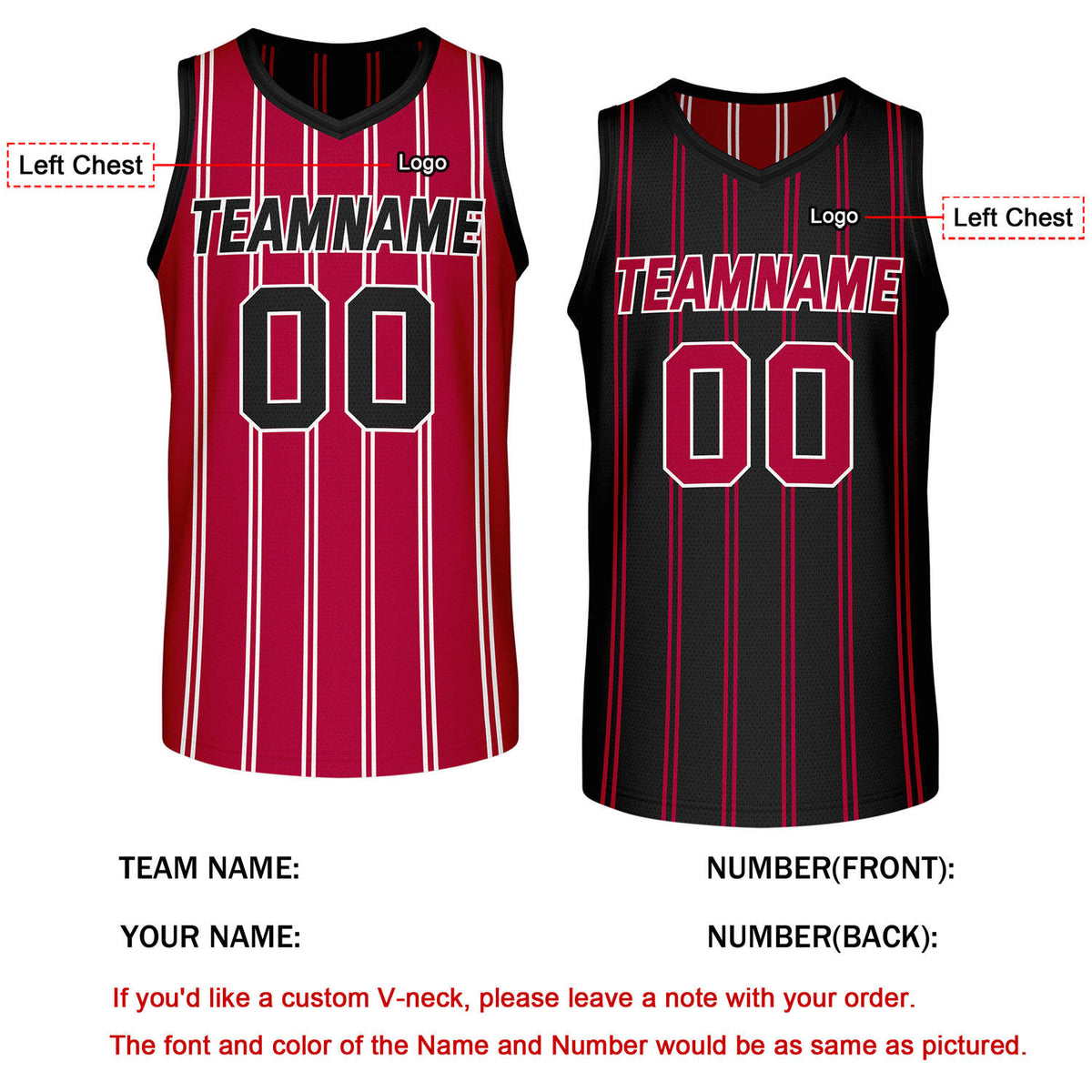 Custom Reversible Red Black Striped Basketball Jersey | Team Name & Number - Vosoli