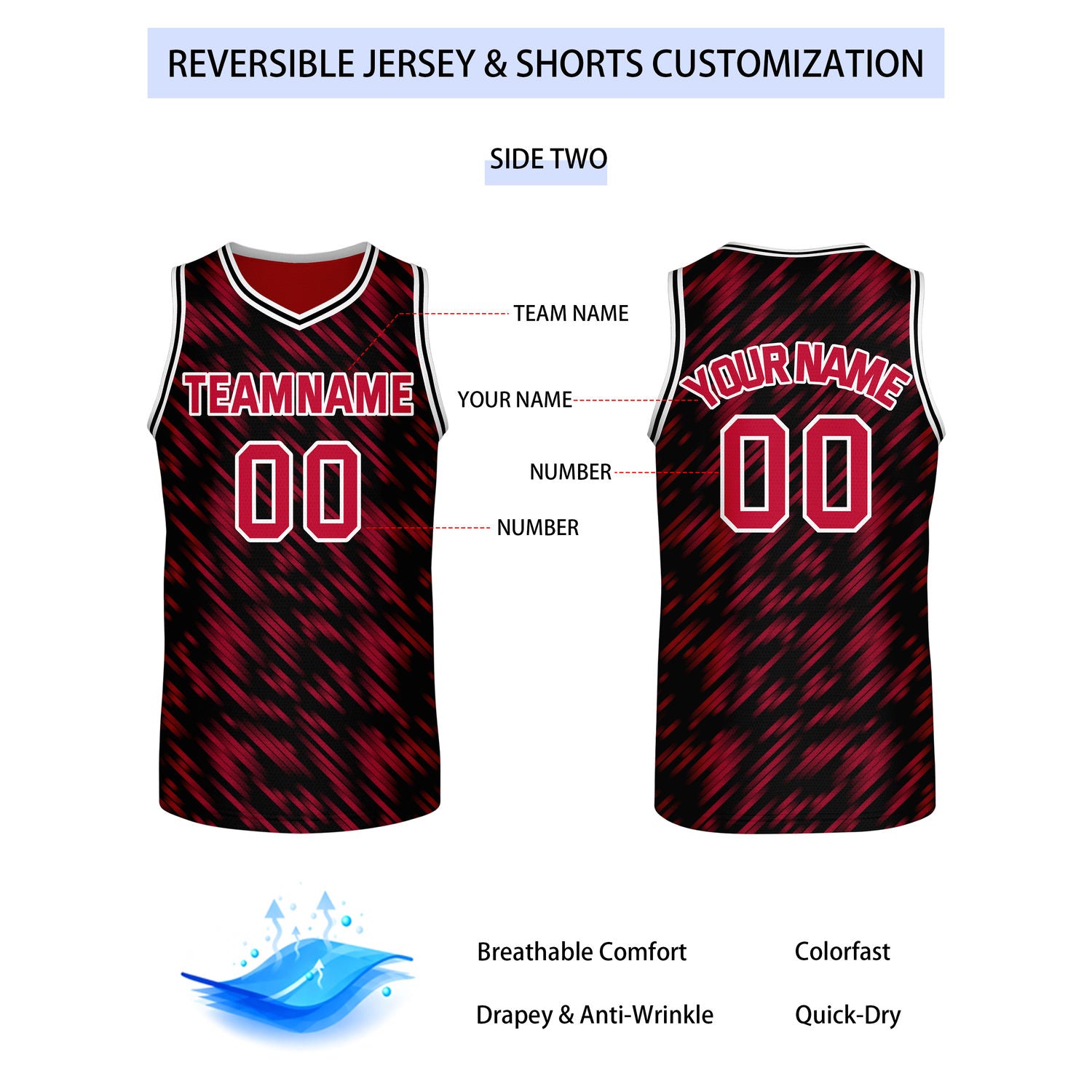 Custom Reversible Red Black Stripe Basketball Jersey | Team & Player Name - Vosoli