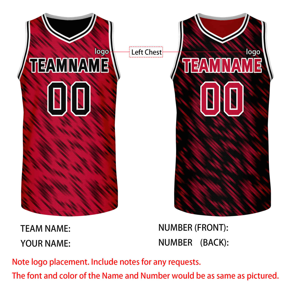 Custom Reversible Red Black Stripe Basketball Jersey | Team & Player Name - Vosoli