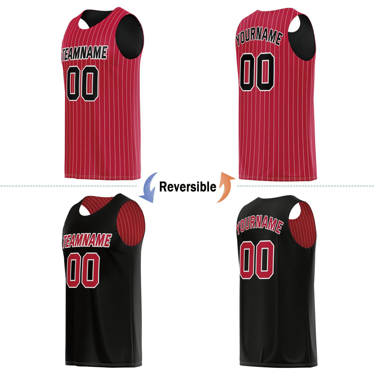 Custom Reversible Red Black Striped Basketball Jersey | Personalized Team Name, Number & LOGO | Vosoli