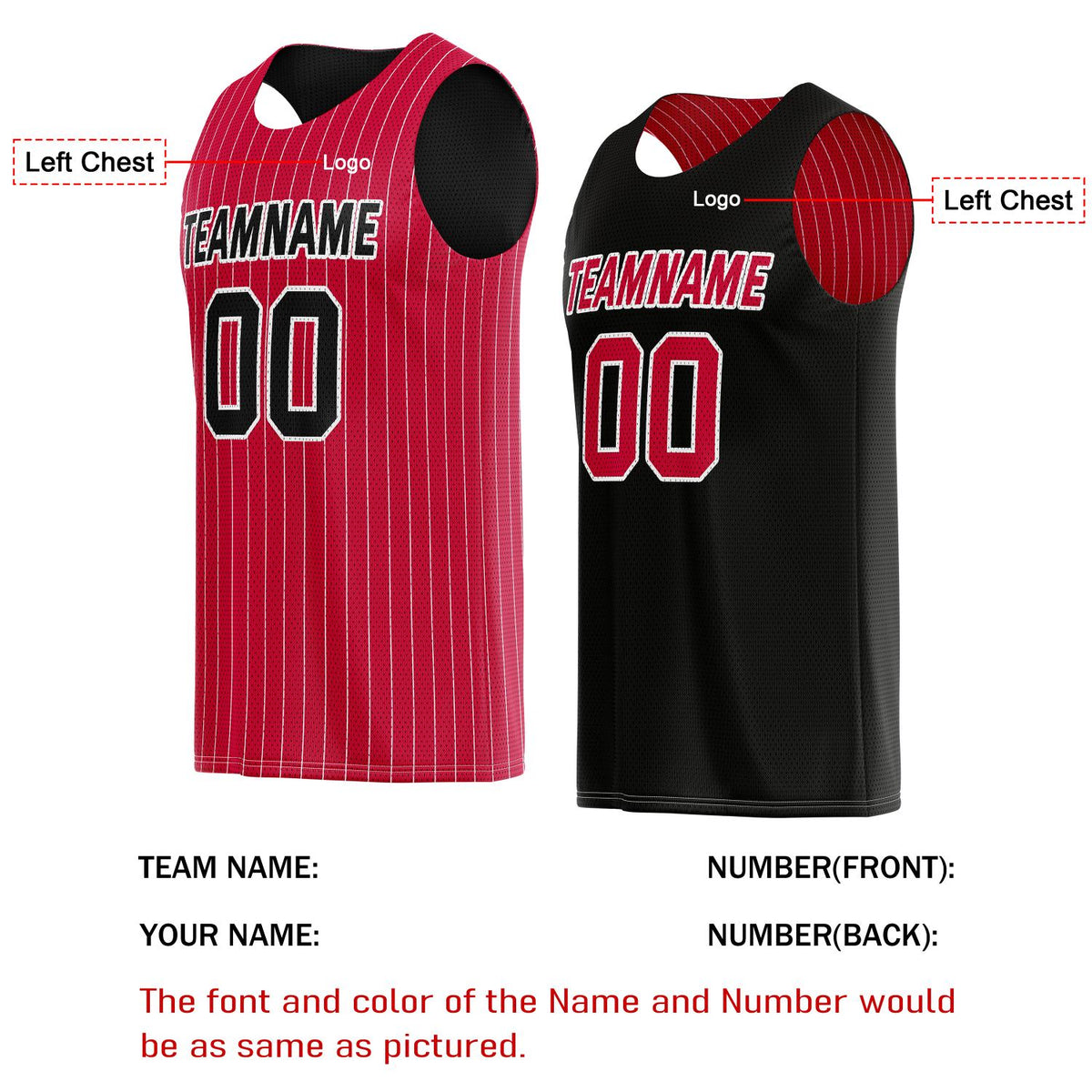 Custom Reversible Red Black Striped Basketball Jersey | Personalized Team Name, Number & LOGO | Vosoli