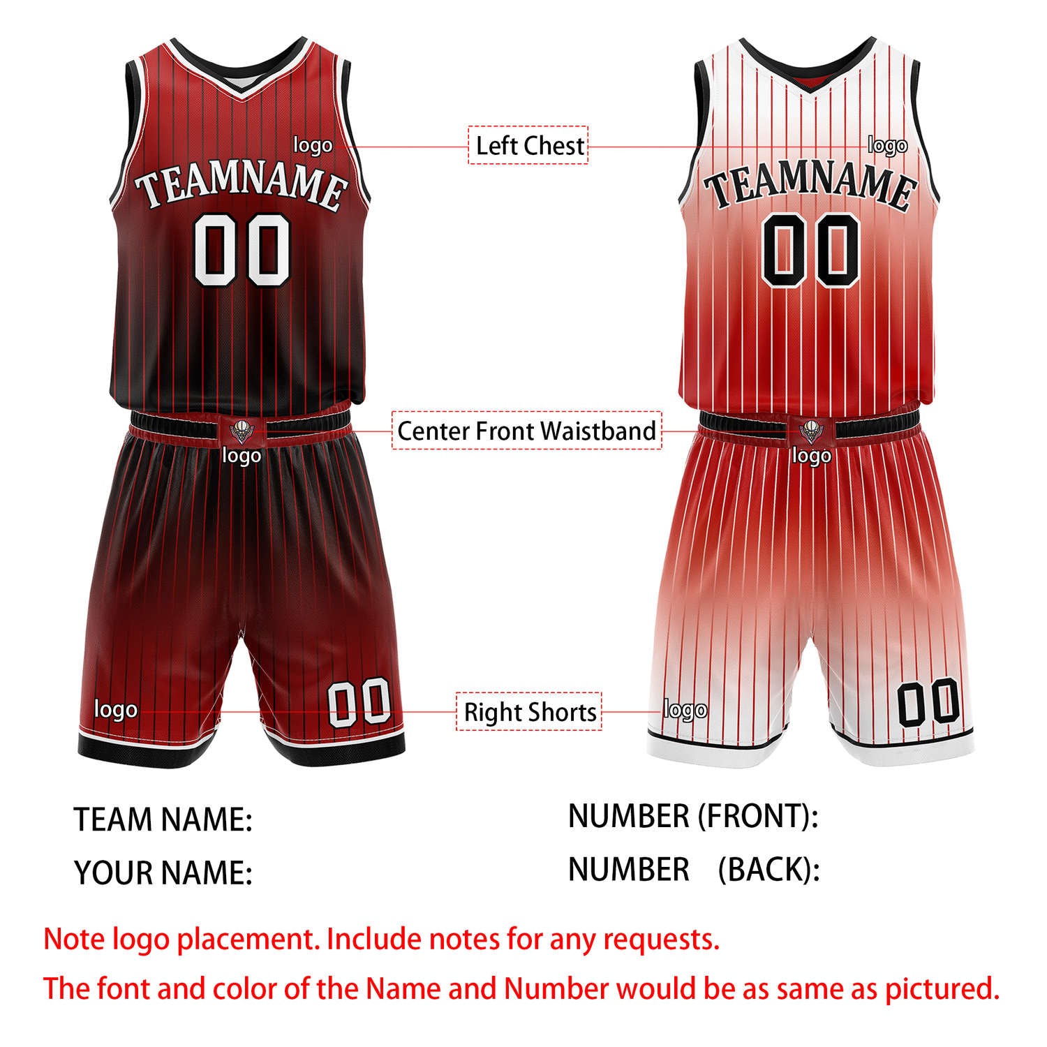 Custom Reversible Red Black White Striped Basketball Uniform Set | Team & Player Name - Vosoli