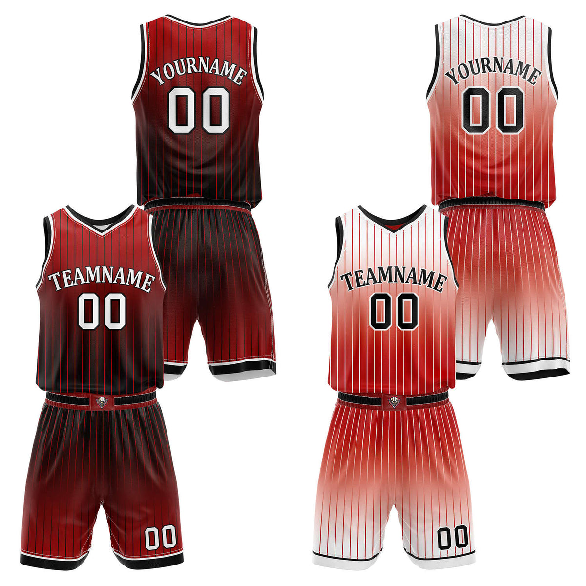 Custom Reversible Red Black White Striped Basketball Uniform Set | Team &amp; Player Name - Vosoli