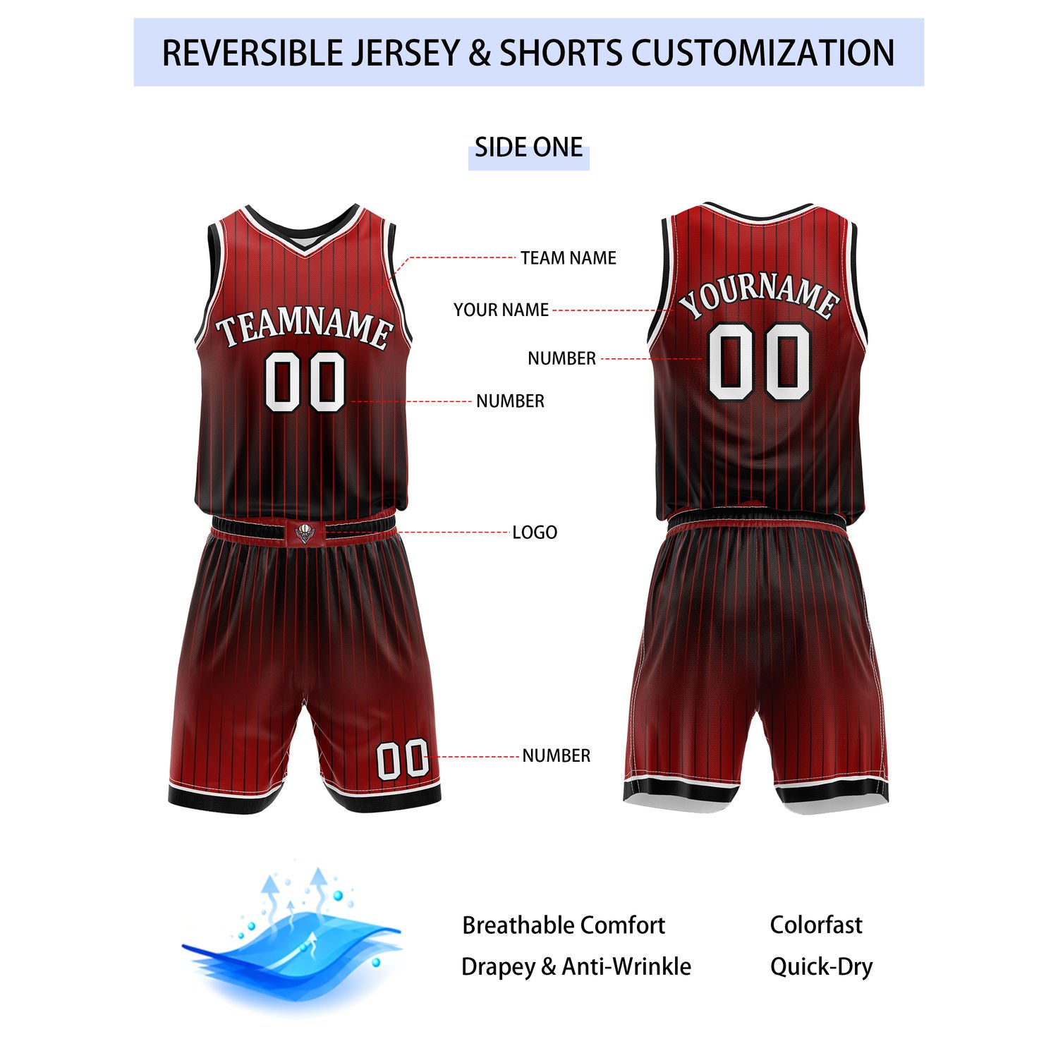 Custom Reversible Red Black White Striped Basketball Uniform Set | Team & Player Name - Vosoli