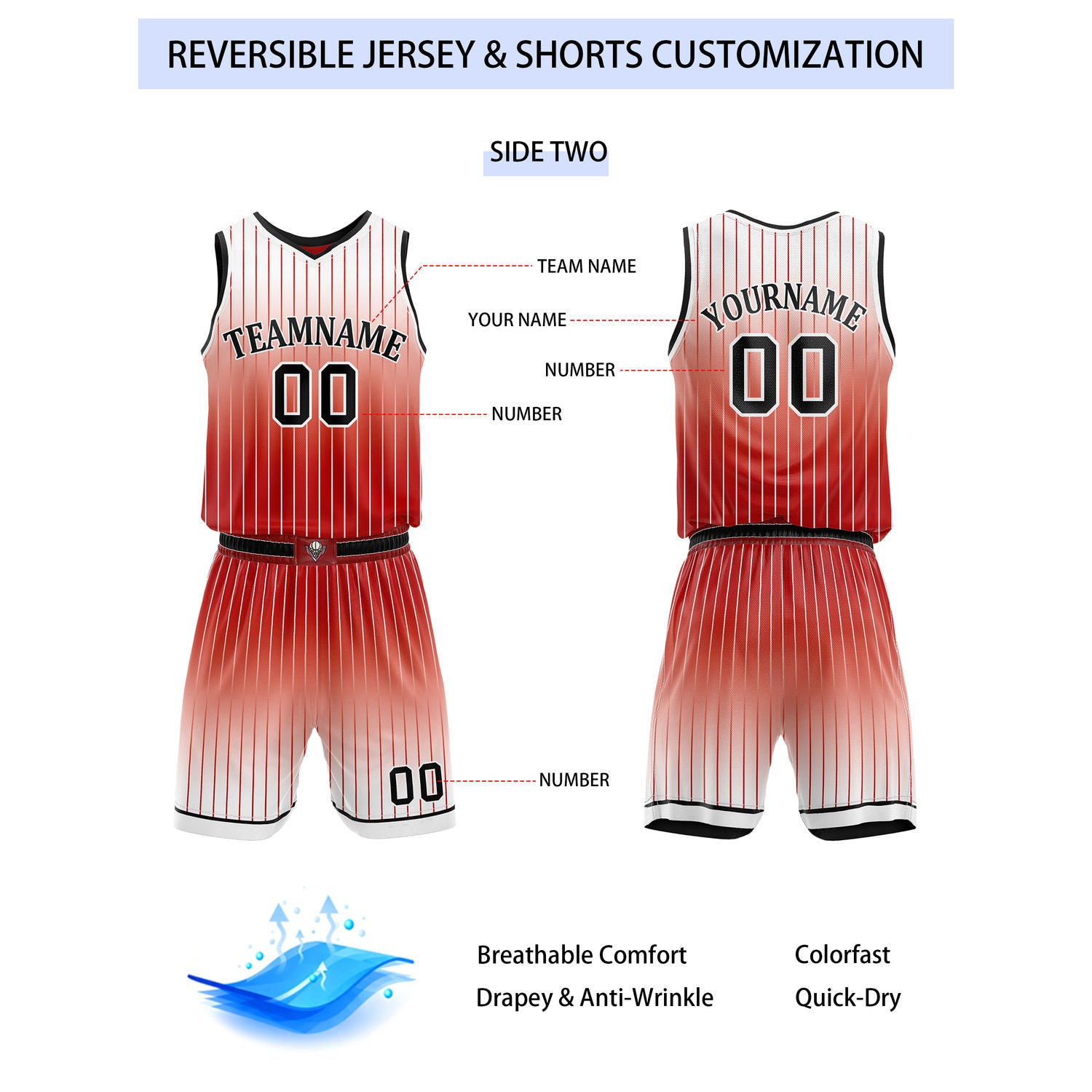 Custom Reversible Red Black White Striped Basketball Uniform Set | Team & Player Name - Vosoli