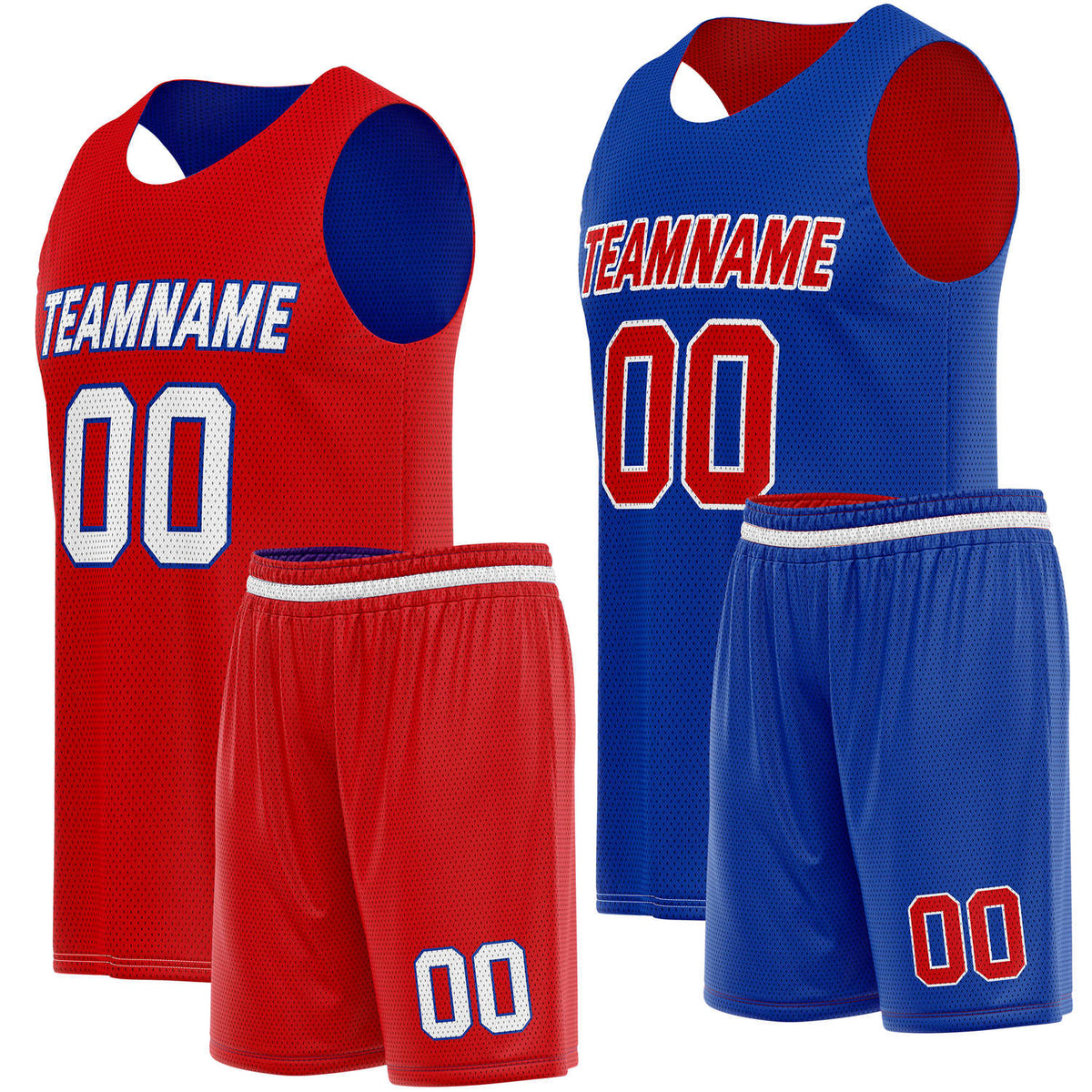 Custom Reversible Red Blue Basketball Jersey Shorts Set, Personalized Team Name Number, Breathable Mesh Uniform for Men Women Youth