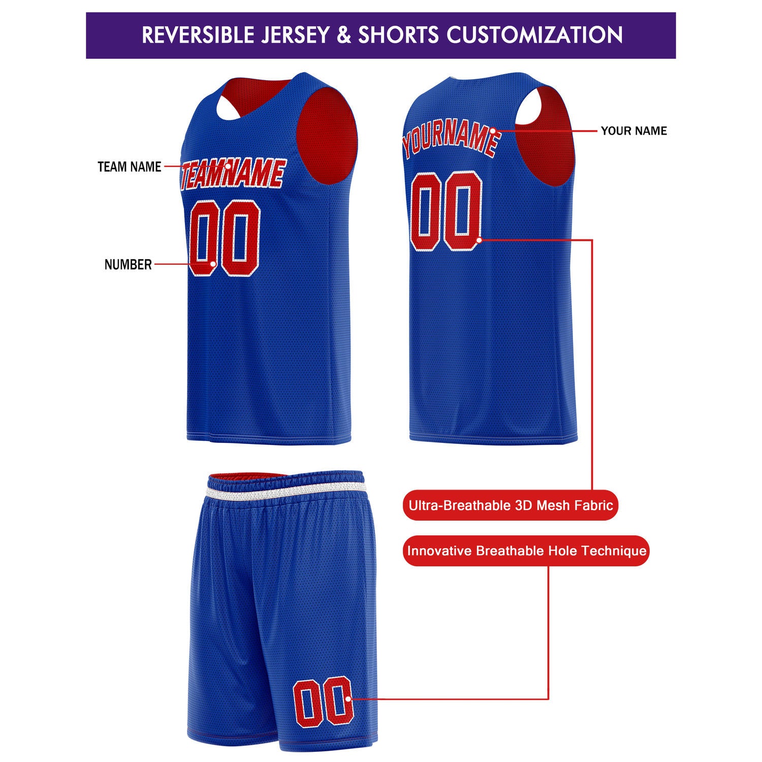 Custom Reversible Red Blue Basketball Jersey Shorts Set, Personalized Team Name Number, Breathable Mesh Uniform for Men Women Youth