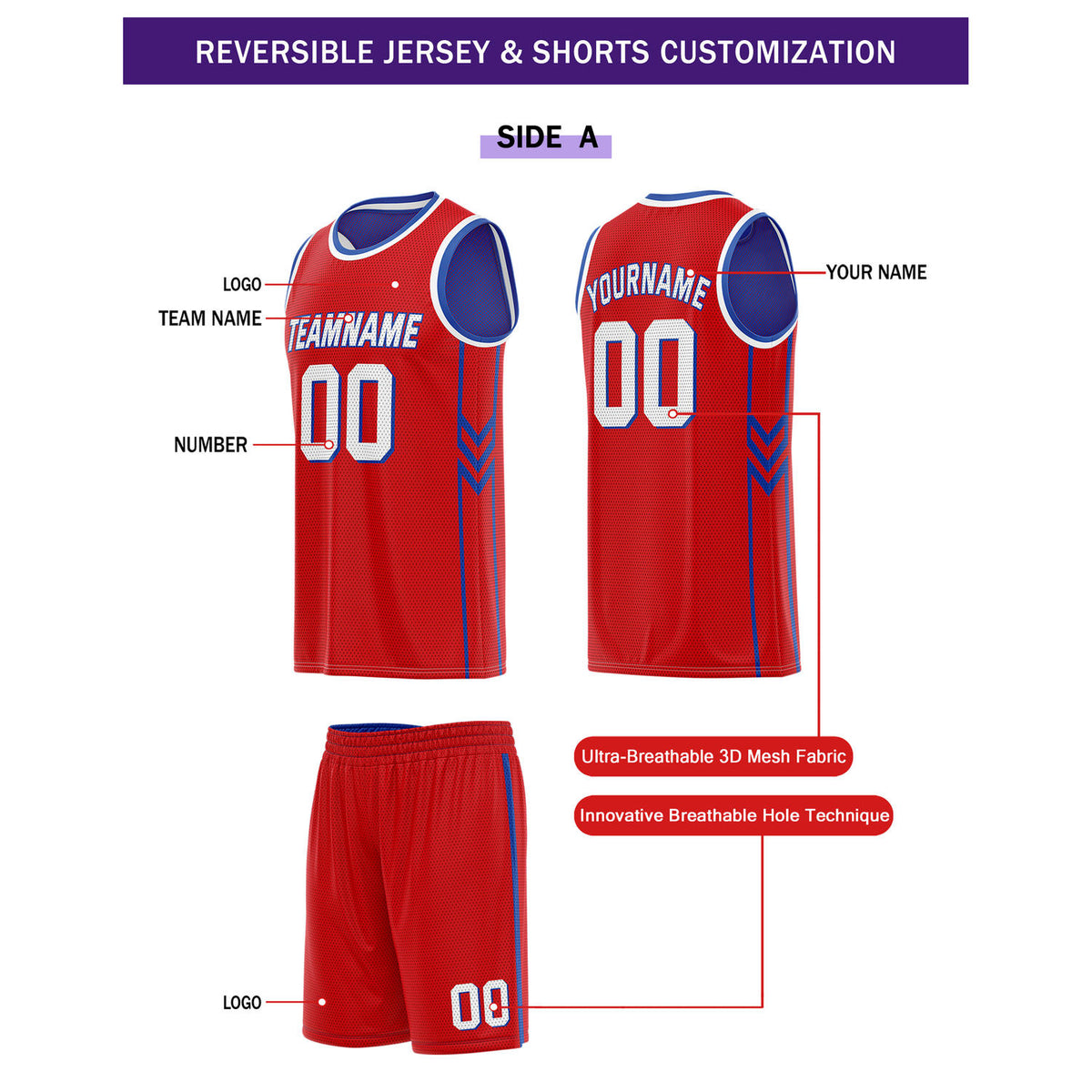 Custom Reversible Red Blue Basketball Uniform Set | Team Name & Number - Vosoli