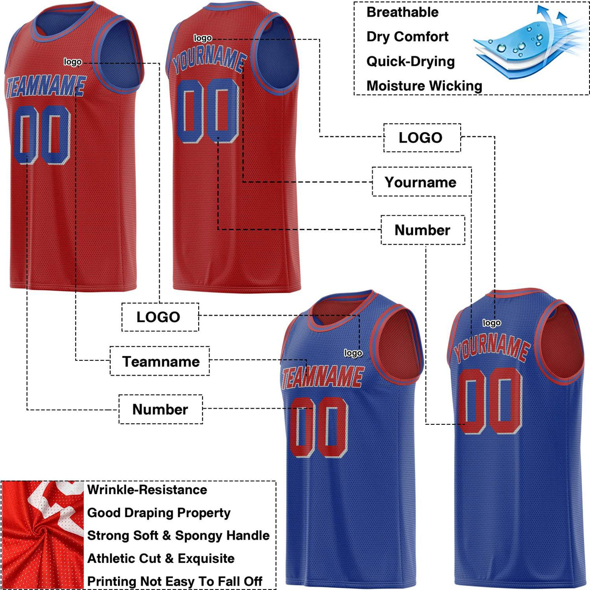 Custom Reversible Red & Blue Mesh Basketball Jersey | Personalized Team Jersey | Vosoli