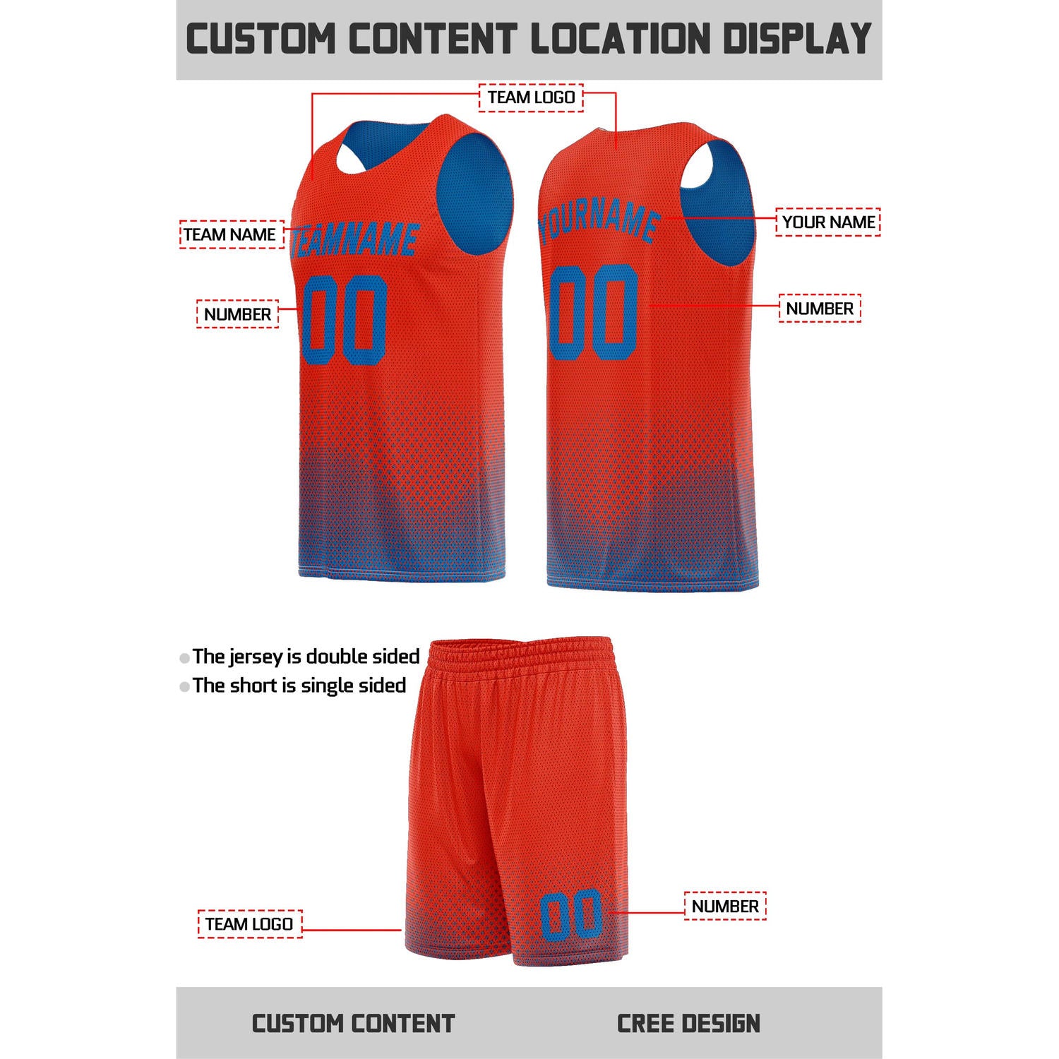 Custom reversible red blue basketball uniform, personalized team name number logo breathable Mesh sports set for men women youth game practice wear - Vosoli