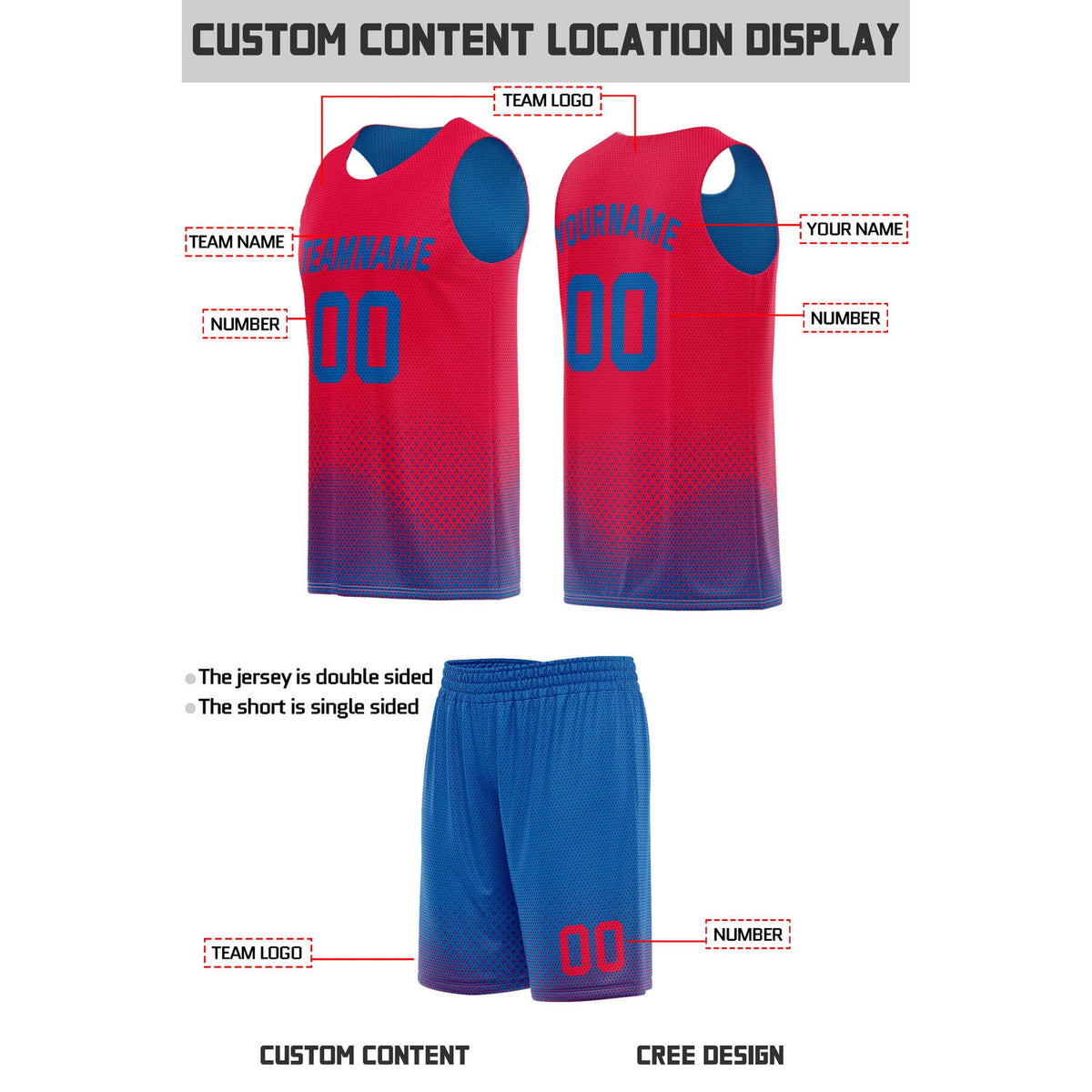 Custom Reversible Red & Blue Mesh Basketball Uniform | Personalized Team Set | Vosoli