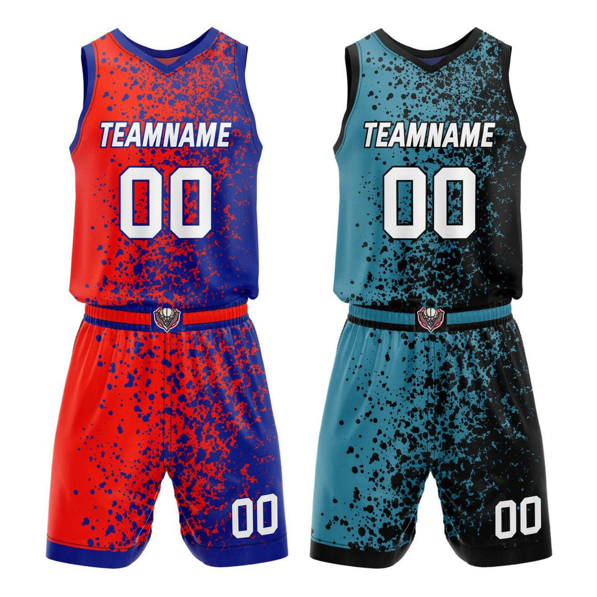 Custom Reversible Basketball Jersey + Shorts Set (Red-Blue &amp; Teal-Black Splatter Pattern) - Personalized Team Name, Number &amp; LOGO | Vosoli