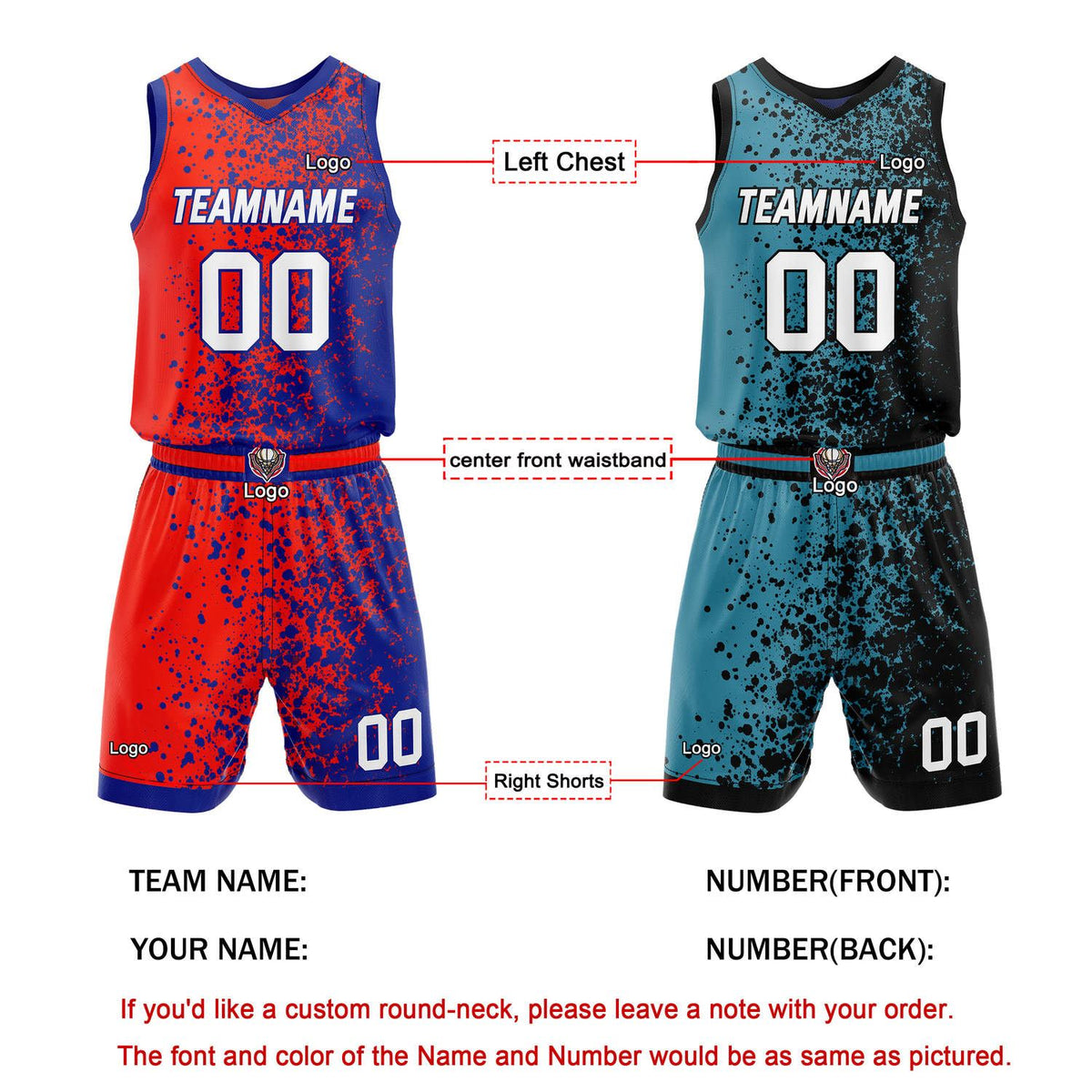 Custom Reversible Basketball Jersey + Shorts Set (Red-Blue & Teal-Black Splatter Pattern) - Personalized Team Name, Number & LOGO | Vosoli
