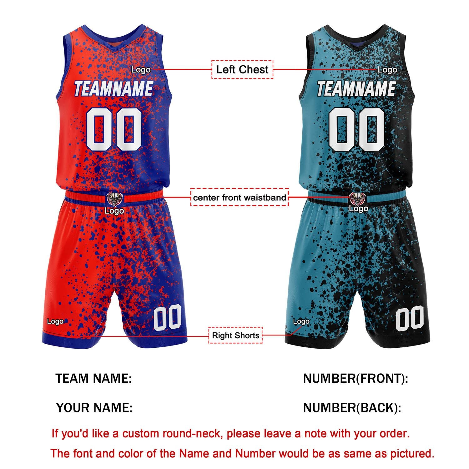 Custom Reversible Basketball Jersey + Shorts Set (Red-Blue & Teal-Black Splatter Pattern) - Personalized Team Name, Number & LOGO | Vosoli