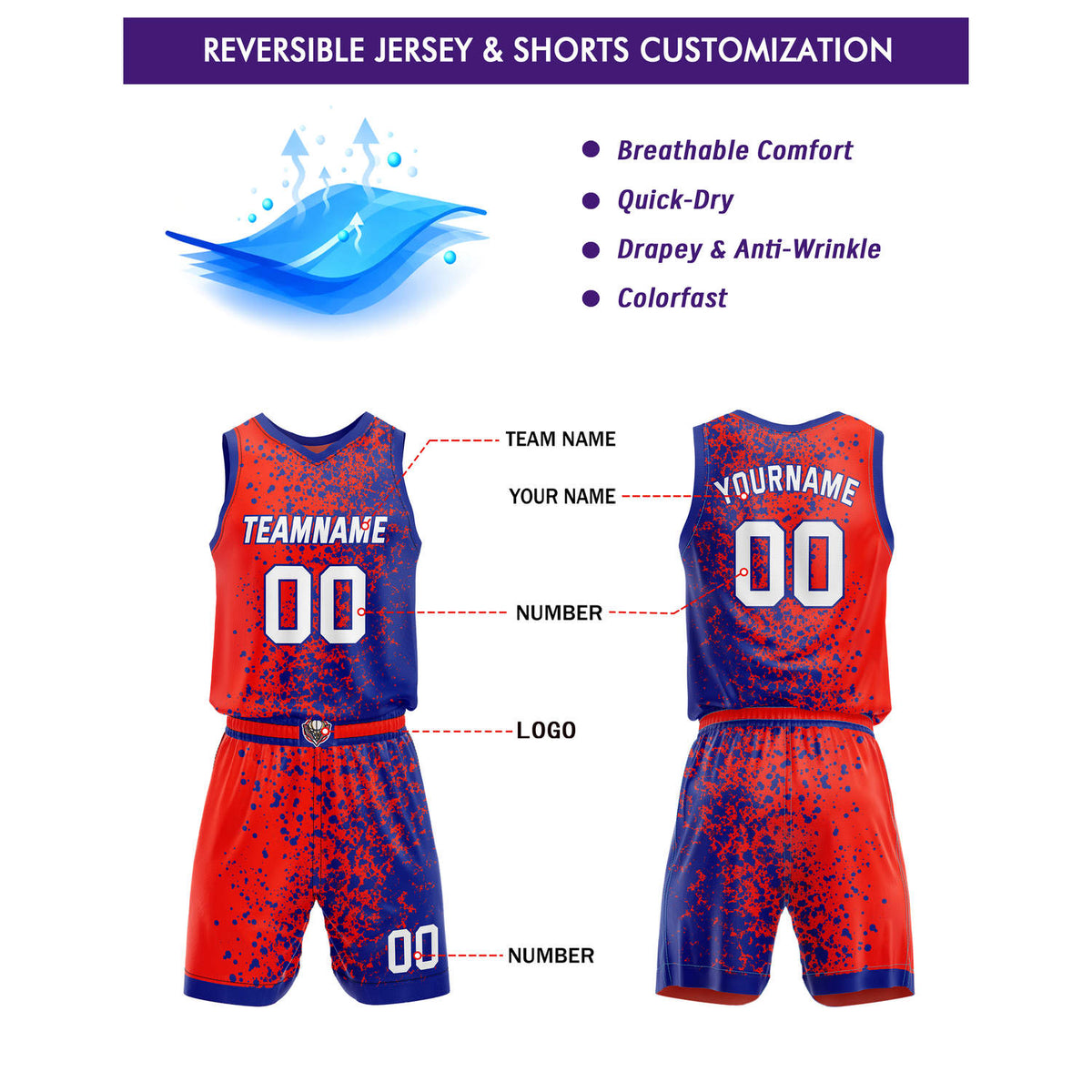 Custom Reversible Basketball Jersey + Shorts Set (Red-Blue & Teal-Black Splatter Pattern) - Personalized Team Name, Number & LOGO | Vosoli