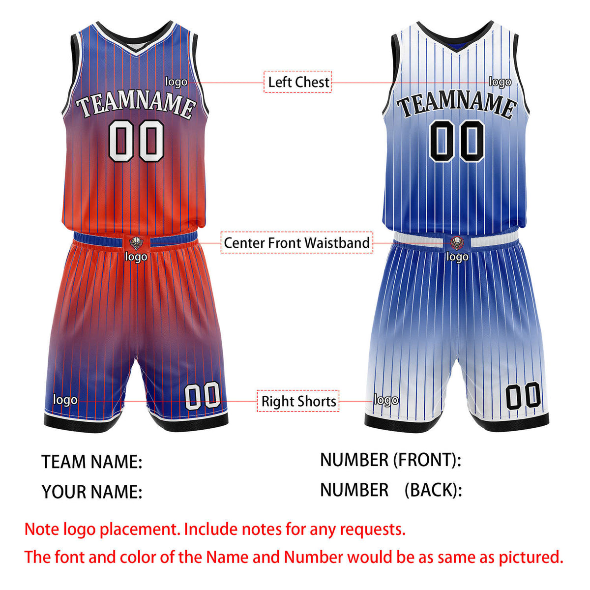 Custom Reversible Red Blue White Striped Basketball Uniform Set | Team & Player Name - Vosoli
