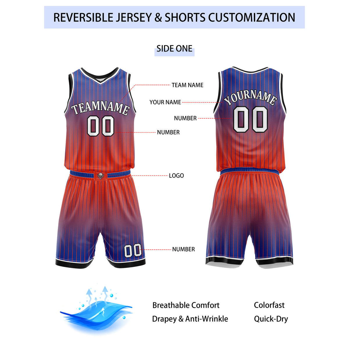 Custom Reversible Red Blue White Striped Basketball Uniform Set | Team & Player Name - Vosoli