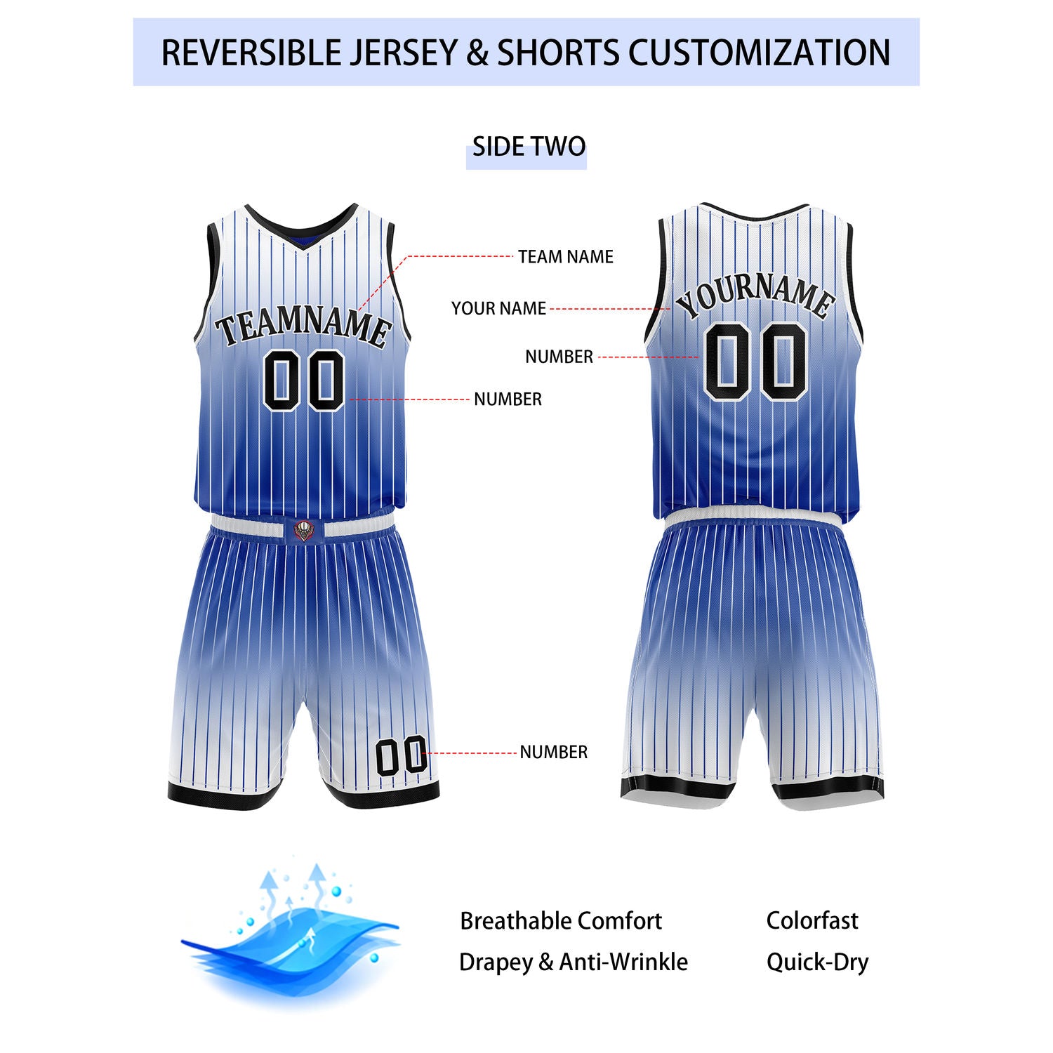 Custom Reversible Red Blue White Striped Basketball Uniform Set | Team & Player Name - Vosoli