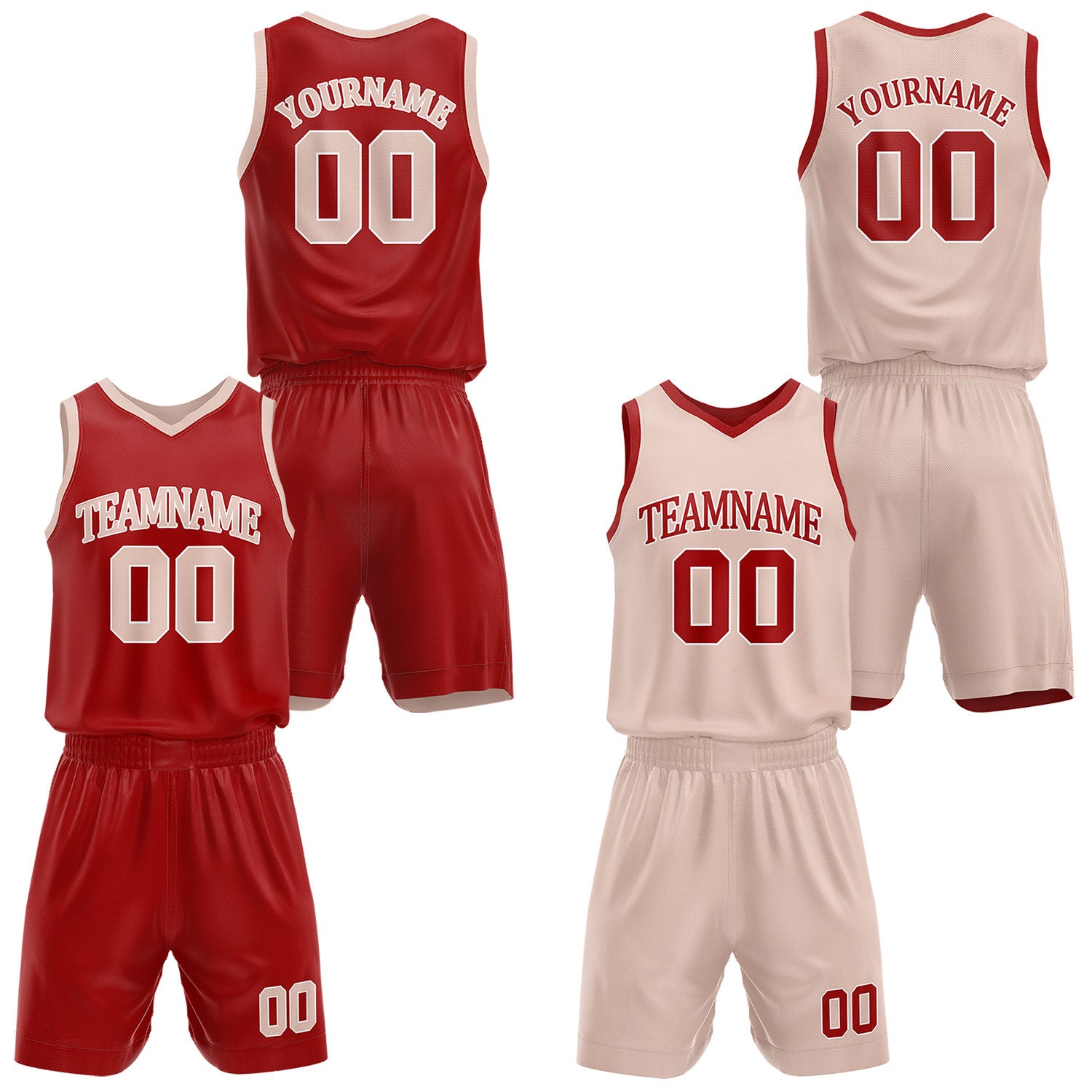 Custom reversible red & cream basketball uniform set, personalized with team name number and logo, sports jersey and shorts for men women youth game practice - Vosoli