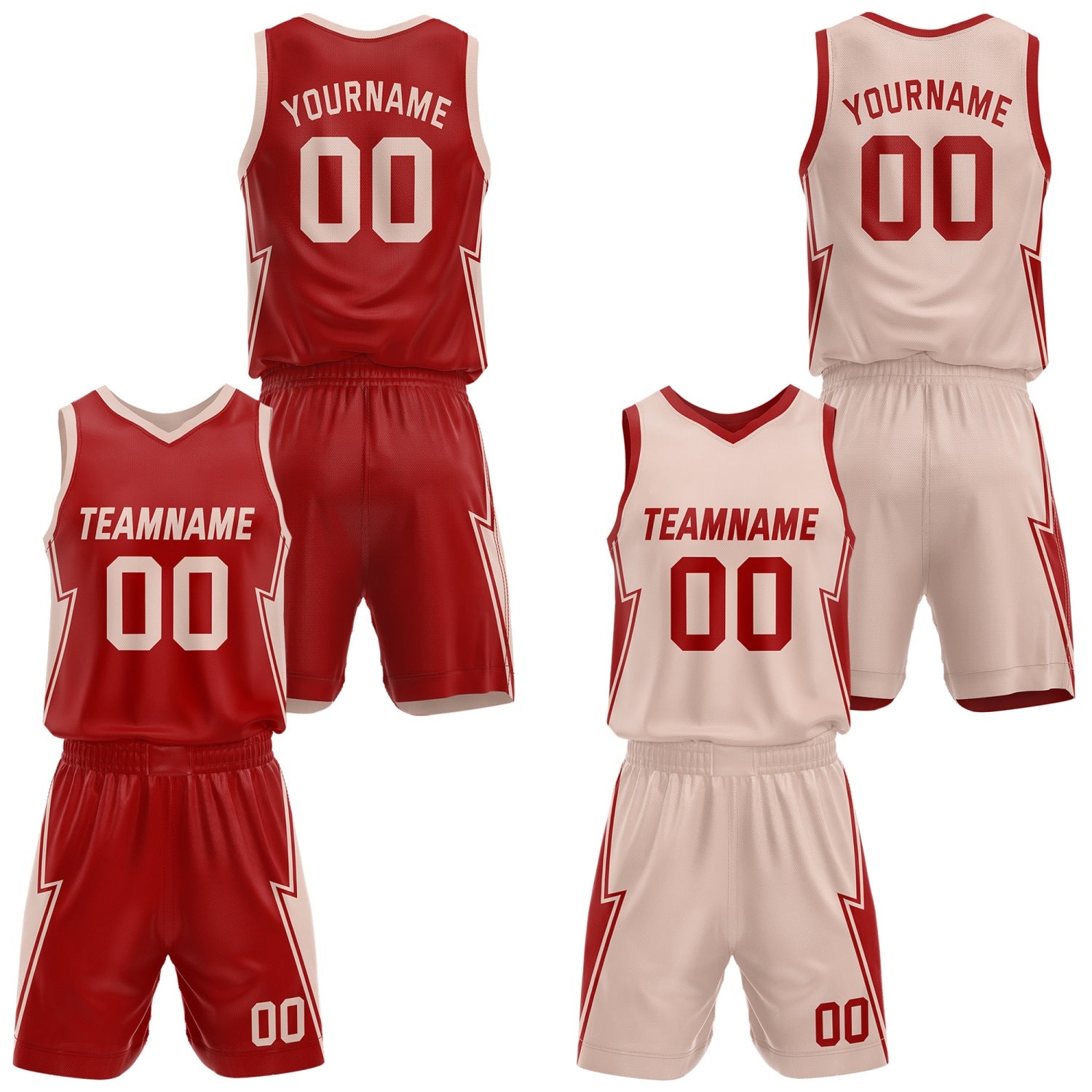 Custom Reversible Red Cream Basketball Jersey and Shorts Set, Personalized Team Name Number Breathable Mesh Uniform for Men Women Youth