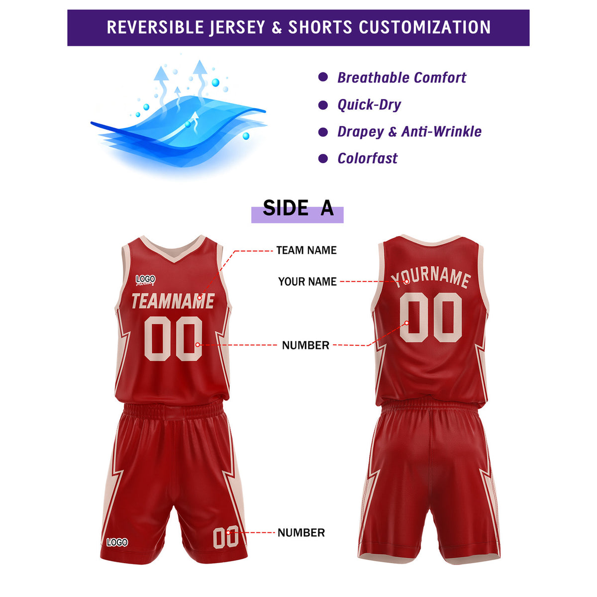 Custom Red Cream Basketball Uniforms for Youth & Adults - Reversible Jersey Set - Vosoli