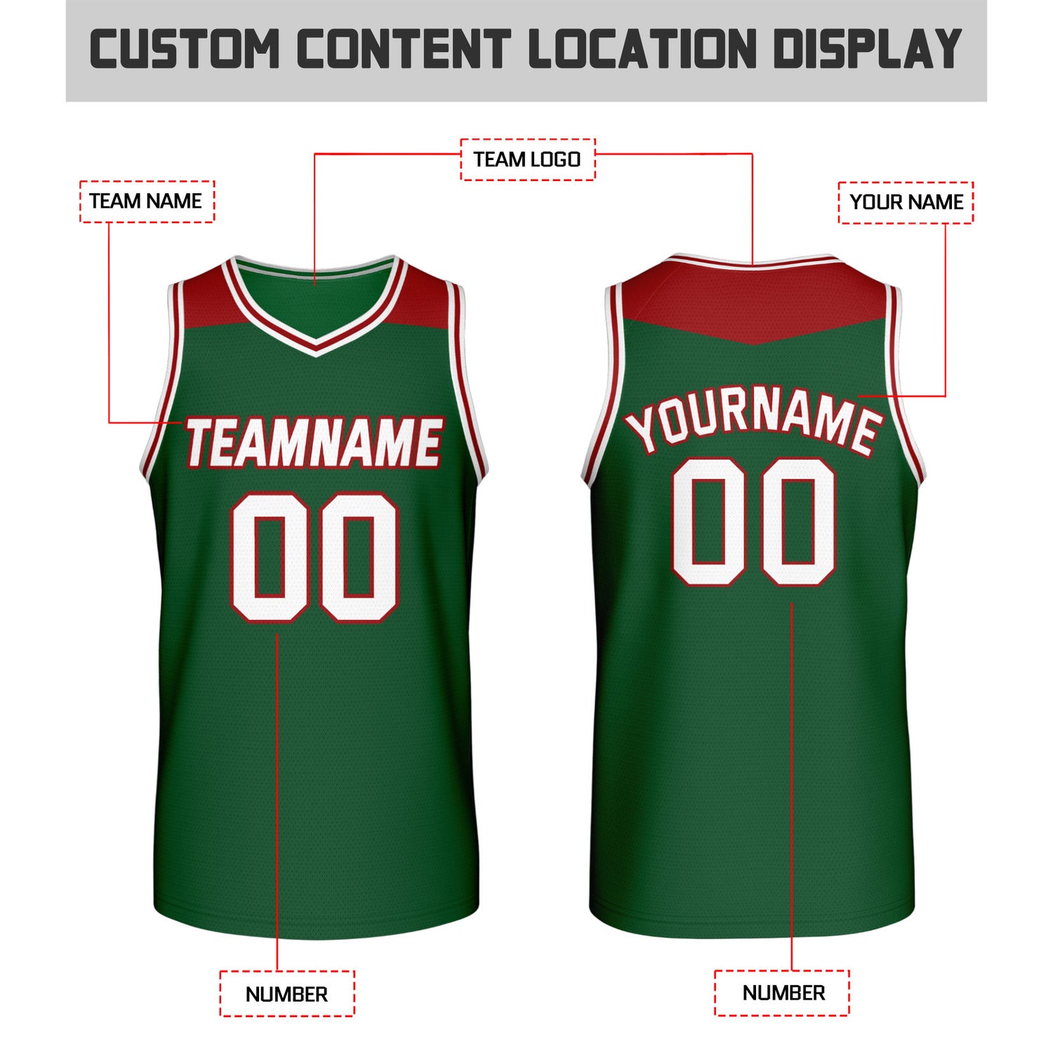 Custom reversible red forest green basketball jersey, personalized team name number Logo breathable Mesh sports top for men women youth game practice - Vosoli
