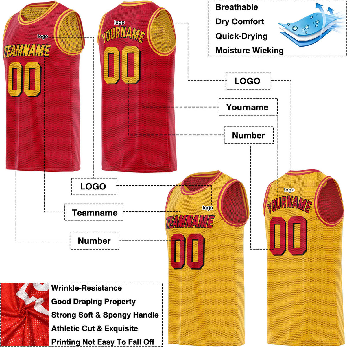 Custom Reversible Red & Gold Mesh Basketball Jersey | Personalized Team Jersey | Vosoli