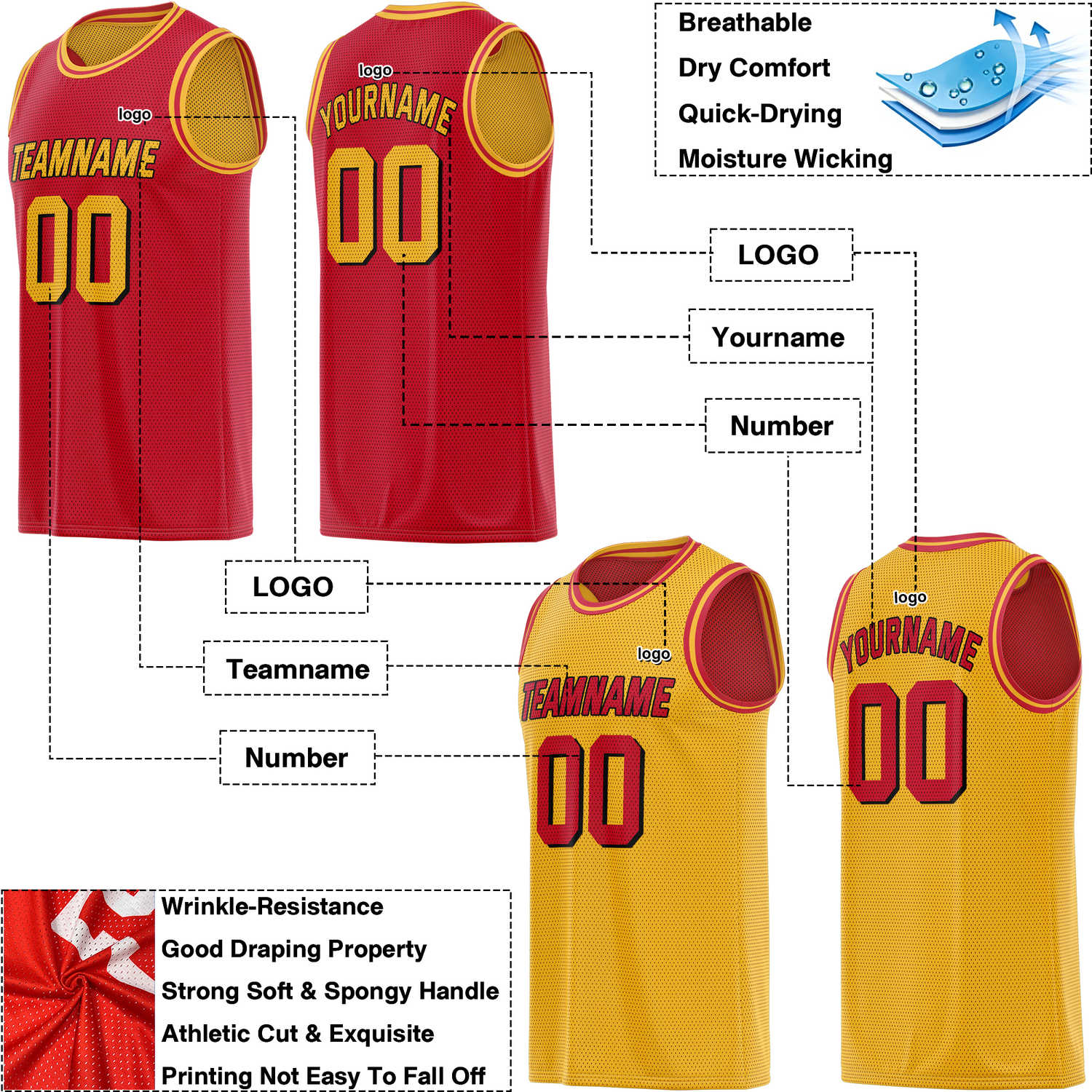 Custom reversible red gold basketball jersey, personalized team name number Logo breathable Mesh sports top for men women youth game practice - Vosoli