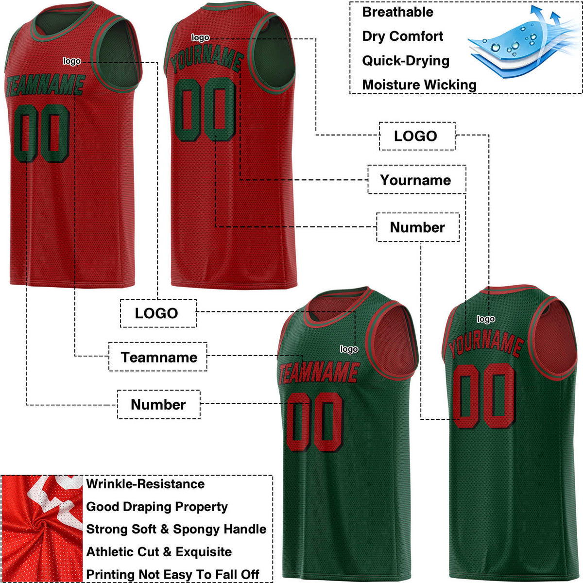 Custom Reversible Red & Green Mesh Basketball Jersey | Personalized Team Jersey | Vosoli