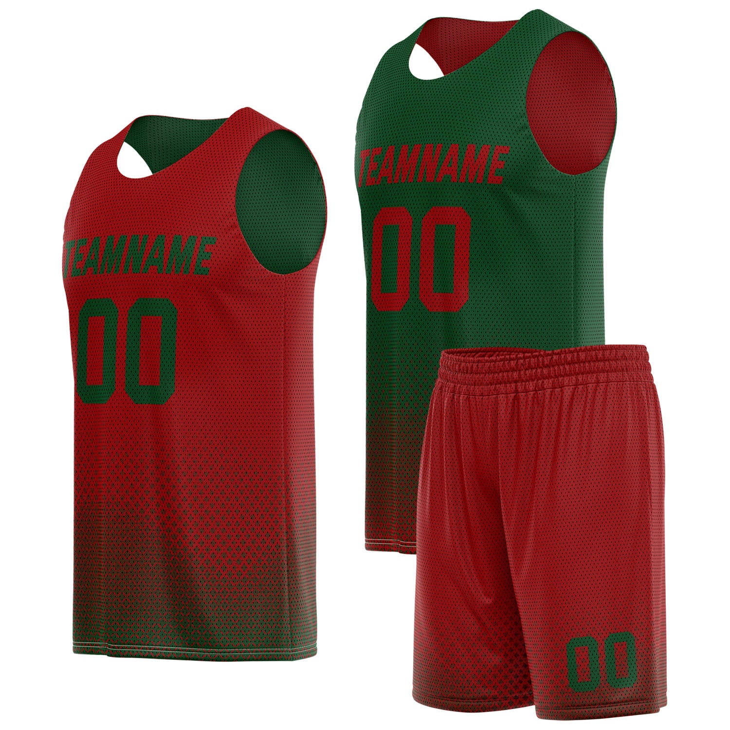 Custom reversible red green basketball uniform, personalized team name number logo breathable Mesh sports set for men women youth game practice wear - Vosoli