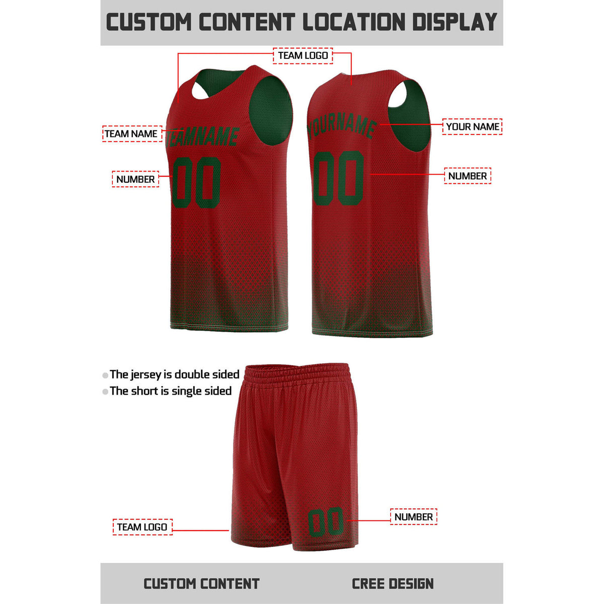 Custom Reversible Red & Green Mesh Basketball Uniform | Personalized Team Set | Vosoli