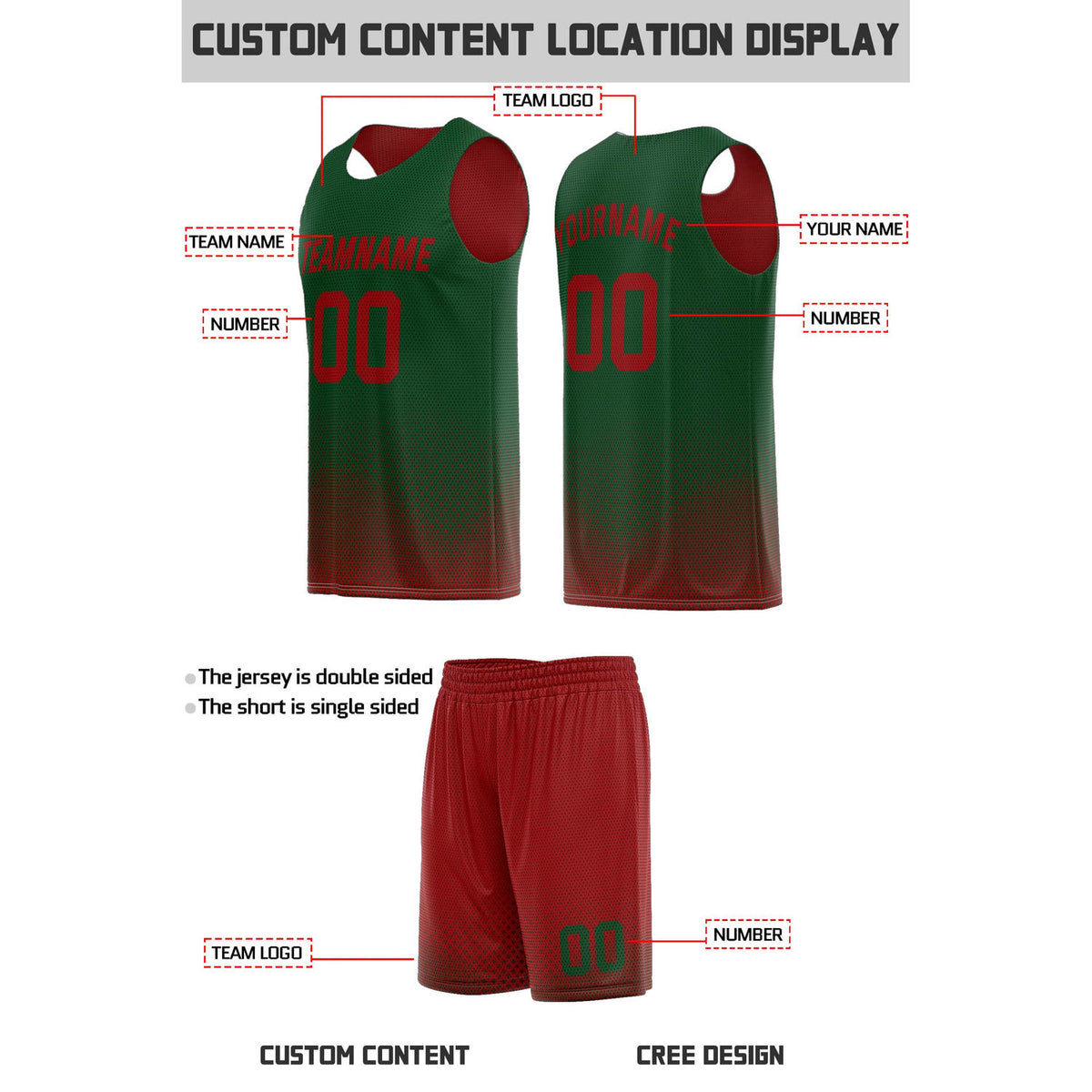 Custom Reversible Red & Green Mesh Basketball Uniform | Personalized Team Set | Vosoli