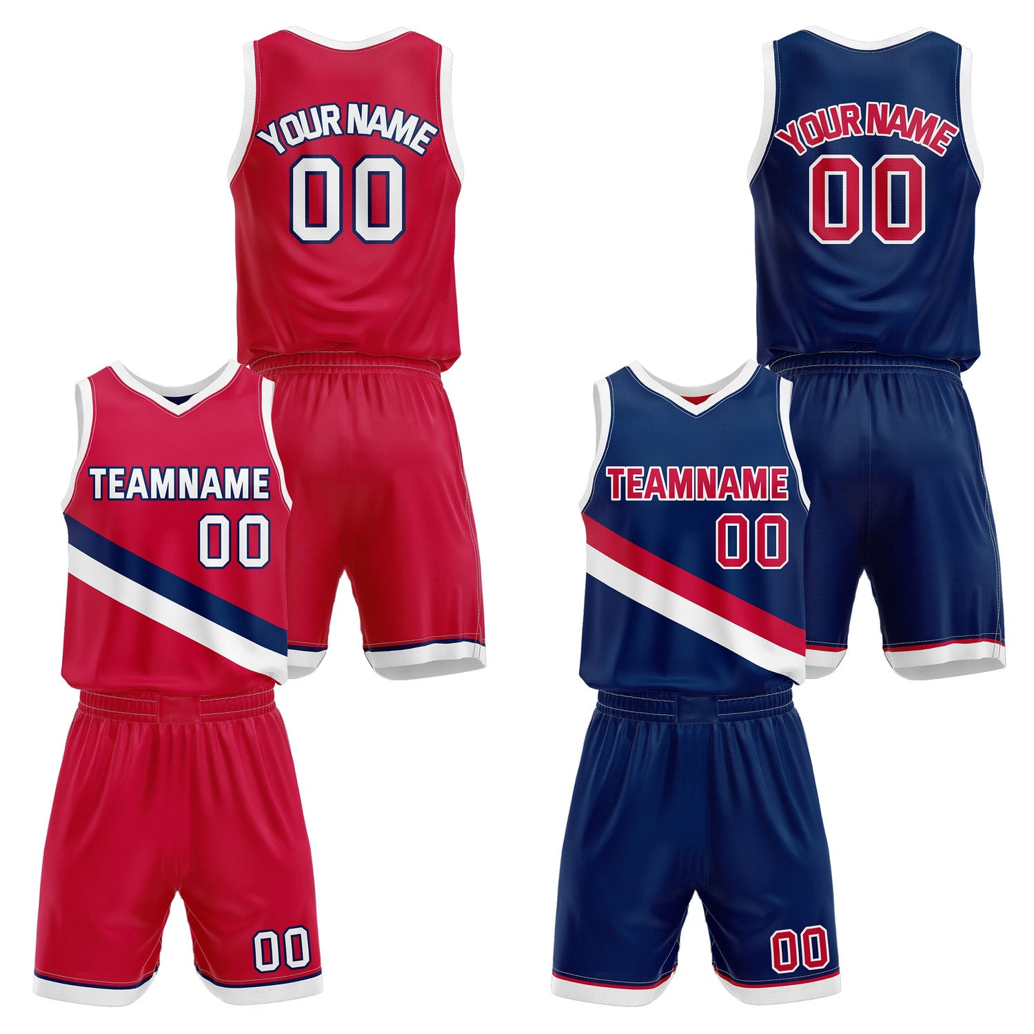 Custom Reversible Red Navy Basketball Uniform Set | Team & Player Name - Vosoli