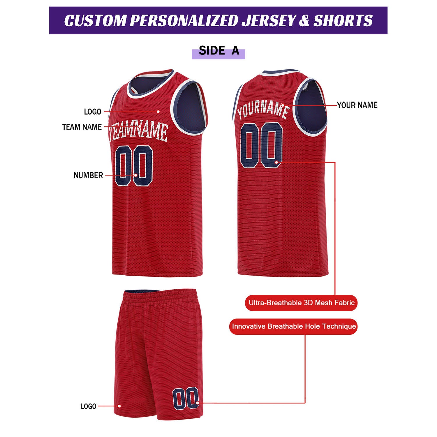 Custom Reversible Red & Navy Basketball Uniform Set | Personalized for Team Sports Practice - Vosoli