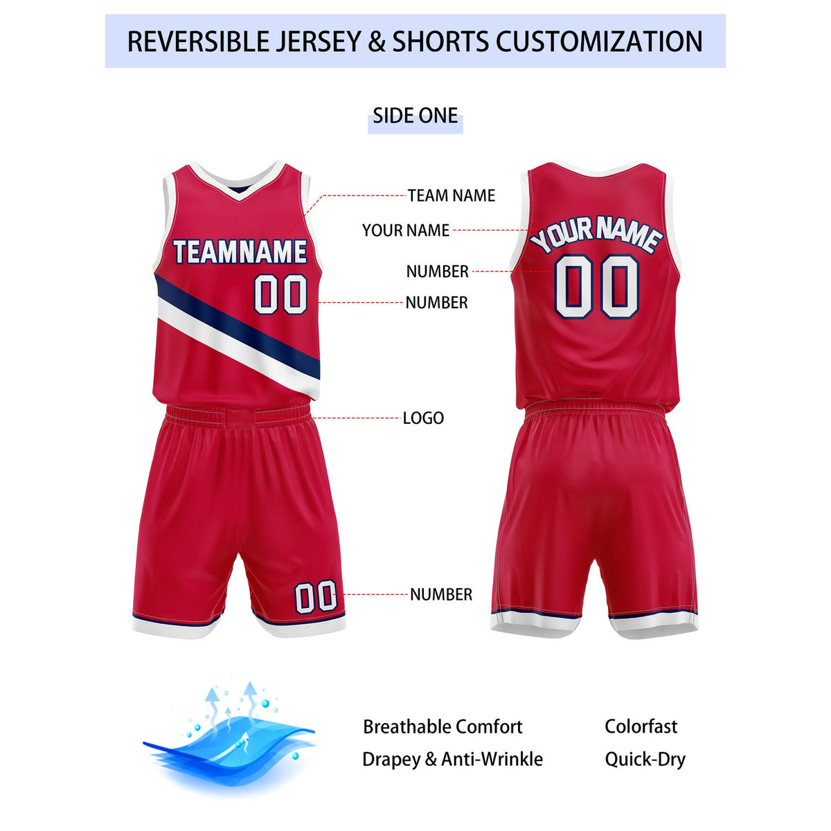 Custom Reversible Red Navy Basketball Uniform Set | Team & Player Name - Vosoli