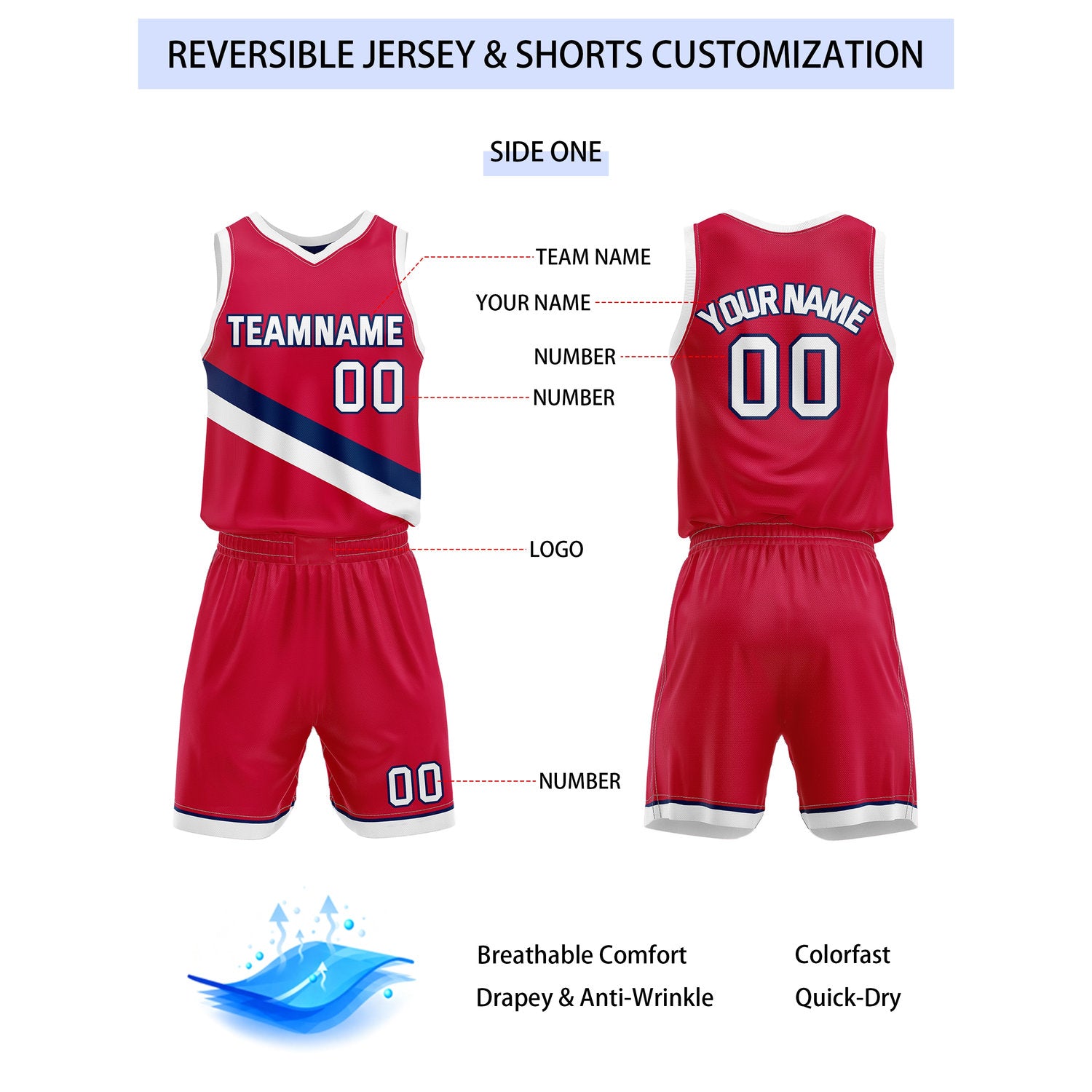 Custom Reversible Red Navy Basketball Uniform Set | Team & Player Name - Vosoli