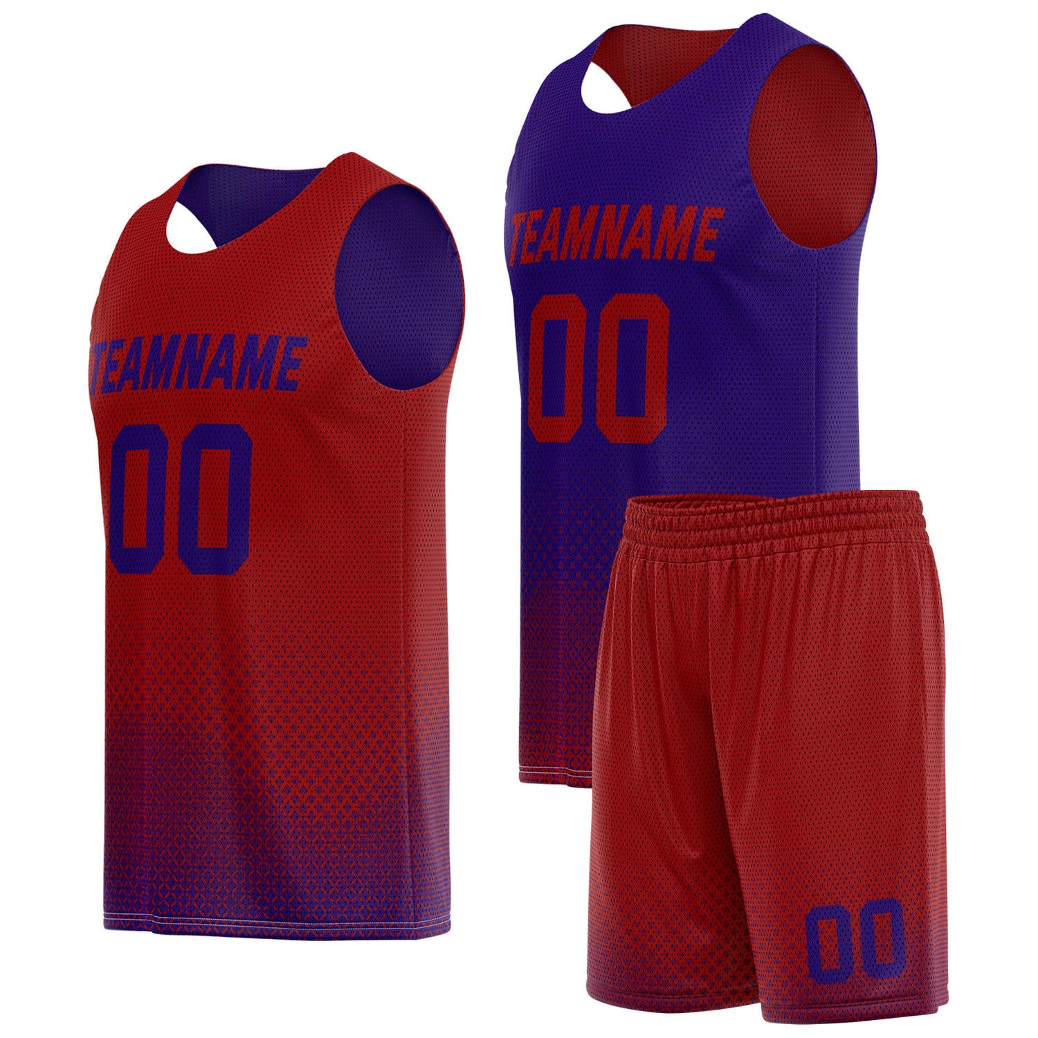 Custom reversible red purple basketball uniform, personalized team name number logo breathable Mesh sports set for men women youth game practice wear - Vosoli
