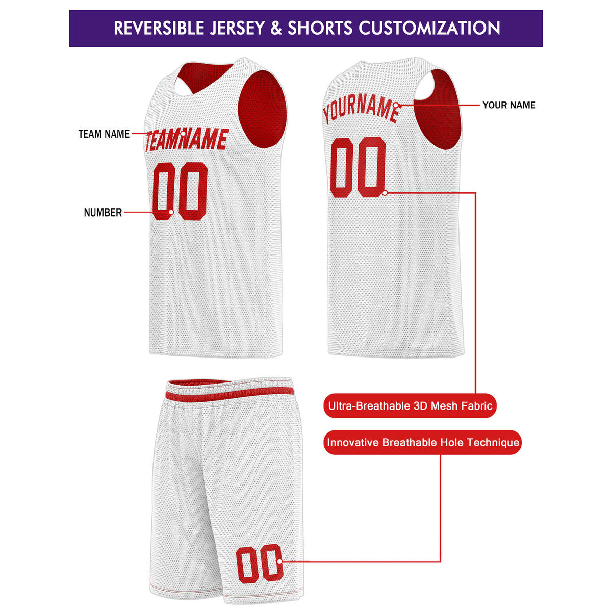 Custom Reversible Red White Basketball Jersey & Shorts Set | Personalized Team Kit | Vosoli