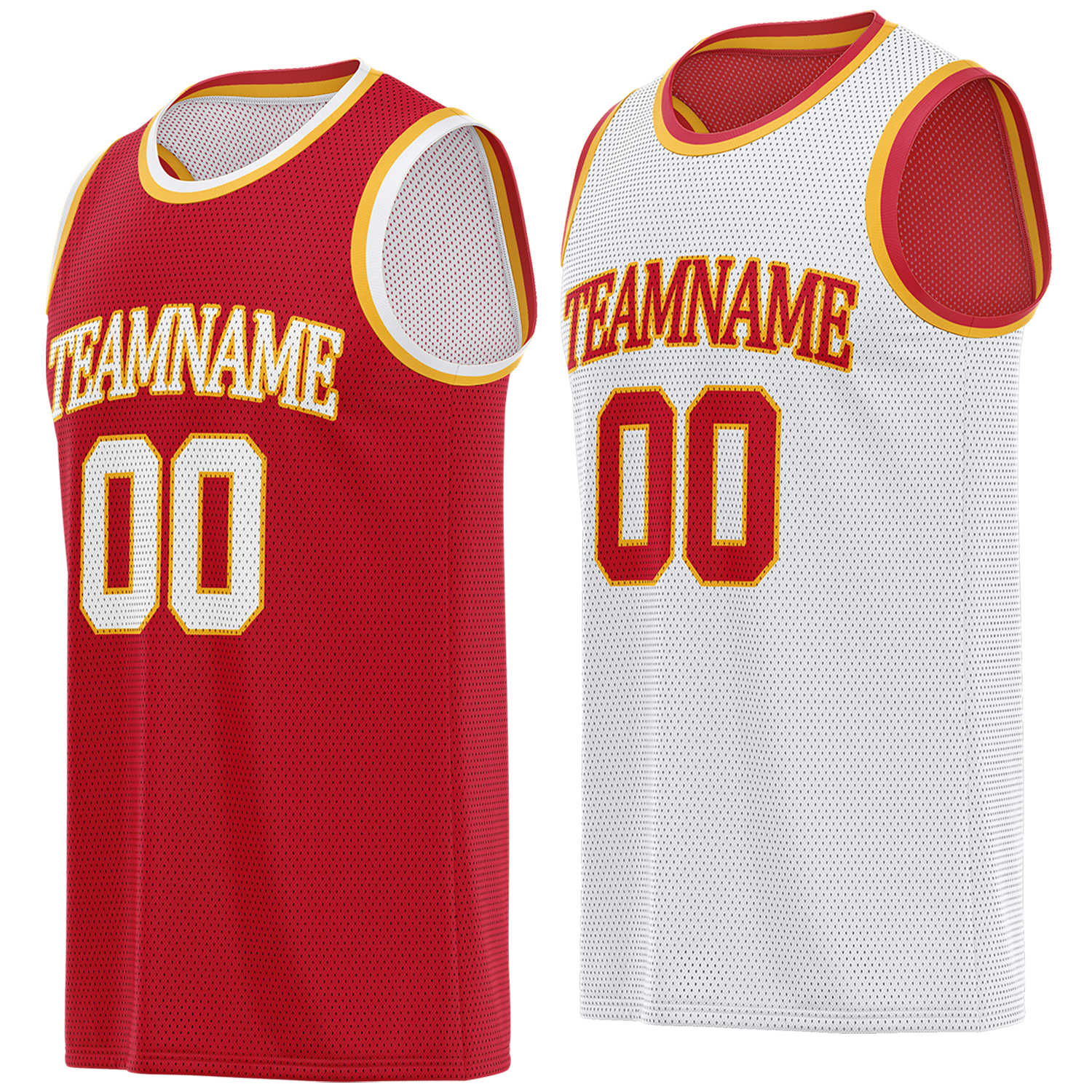 Custom reversible red & white basketball jersey, personalized team name number logo breathable mesh sports top for men women youth game practice - Vosoli