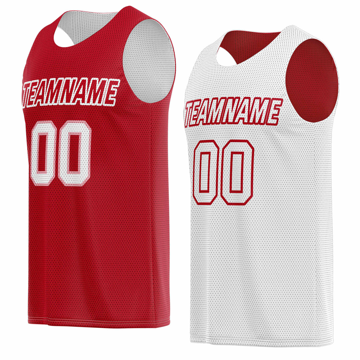 Custom reversible red & white basketball jersey, personalized team name number logo breathable mesh sports top for men women youth game practice wear - Vosoli