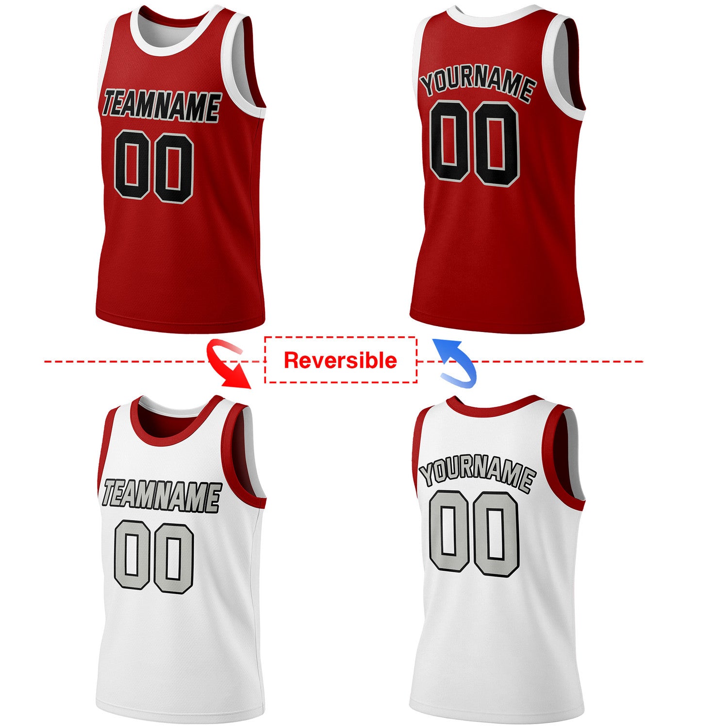 Custom reversible red & white basketball jersey, personalized team name number logo, breathable mesh fabric sports top for men women youth Adult game practice - Vosoli