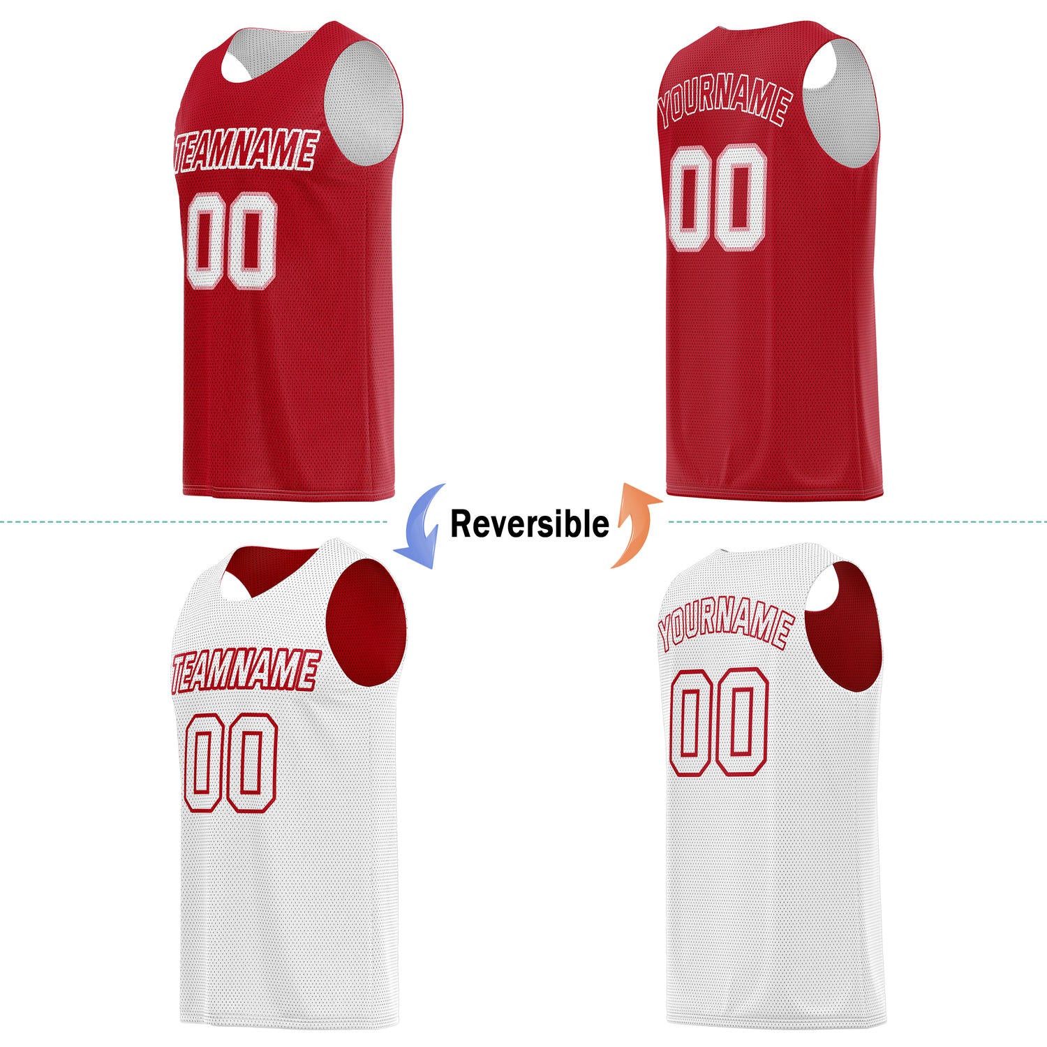 Custom reversible red & white basketball jersey, personalized team name number logo breathable mesh sports top for men women youth game practice wear - Vosoli