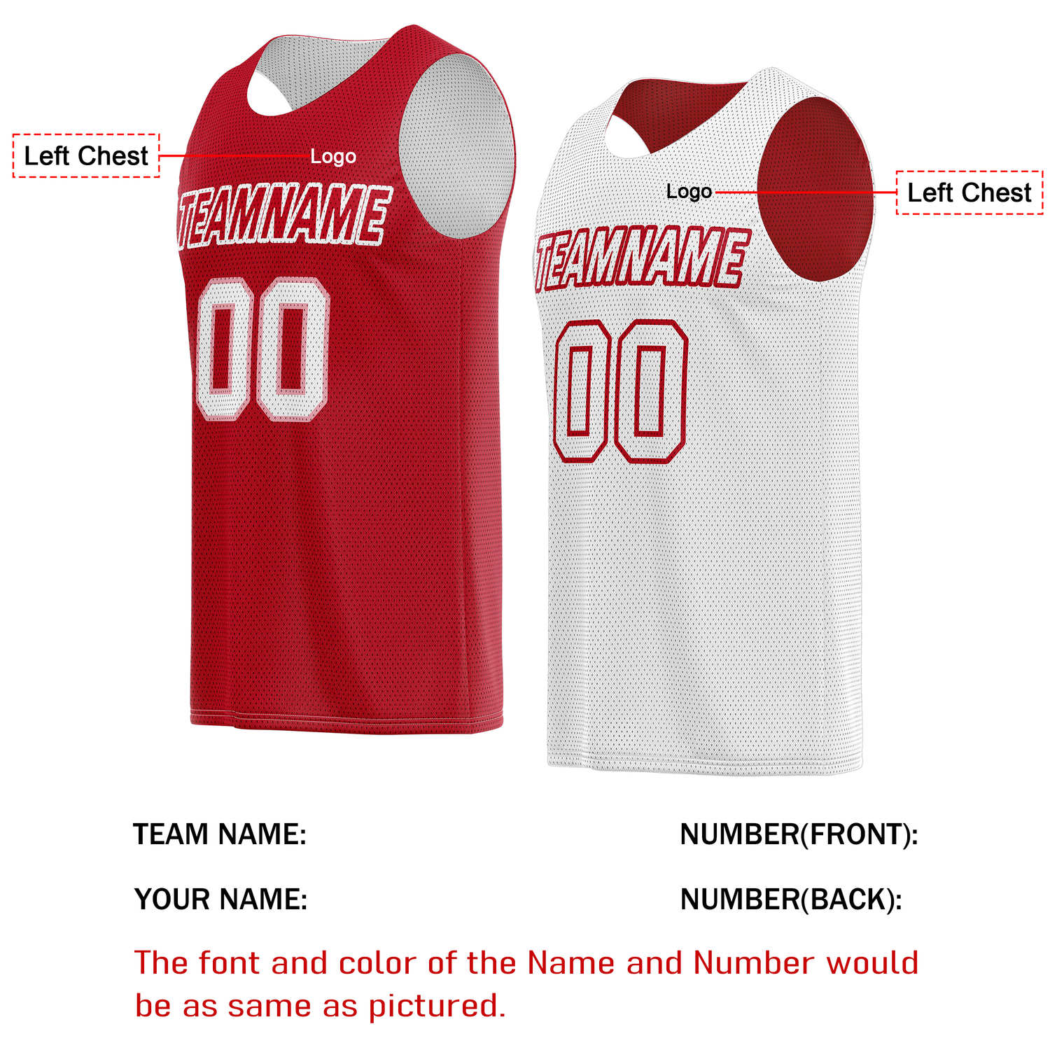 Custom Reversible Red & White Basketball Jersey | Personalized Team Name & Number - Vosoli