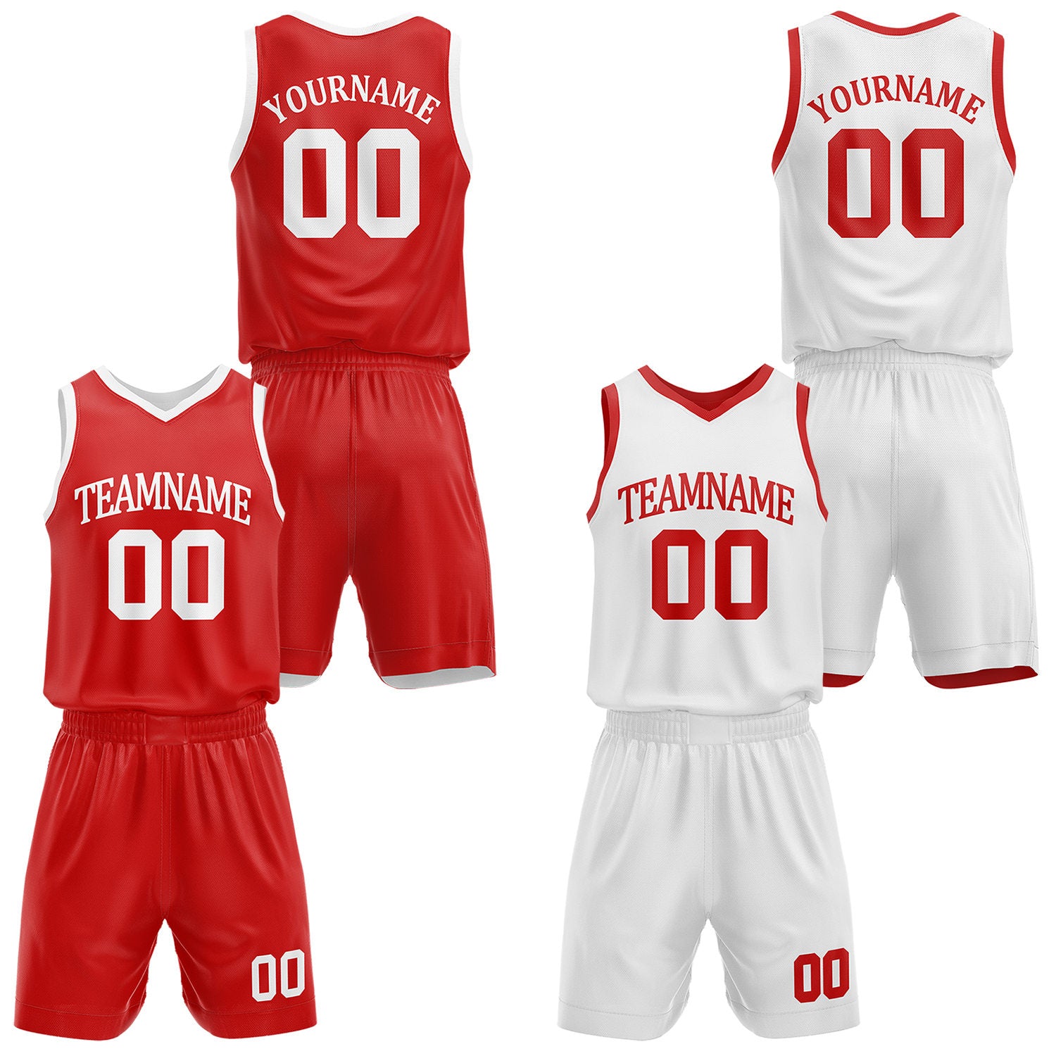 Custom reversible red & white basketball uniform set, personalized with team name number and logo, sports jersey and shorts for men women youth game practice - Vosoli