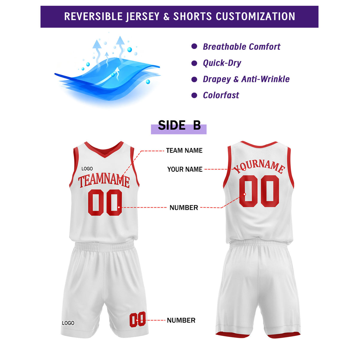 Custom Reversible Red White Basketball Uniform Set | Team Name & Number - Vosoli