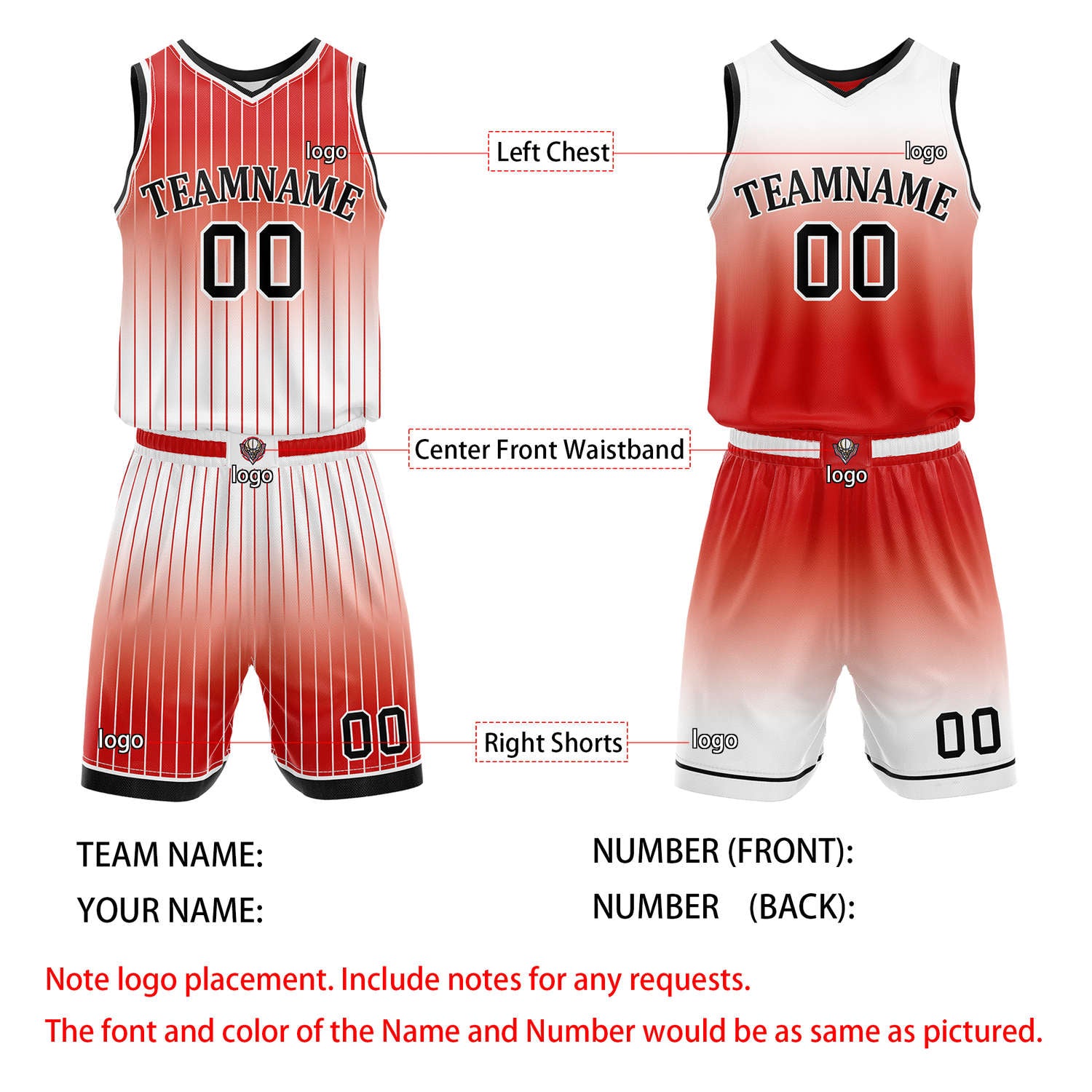 Custom Reversible Red White Gradient Striped Basketball Uniform Set | Team & Player Name - Vosoli