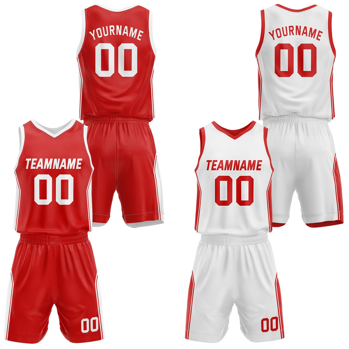 Custom Reversible Red White Basketball Jersey and Shorts Set, Personalized Team Name Number Breathable Mesh Uniform for Men Women Youth